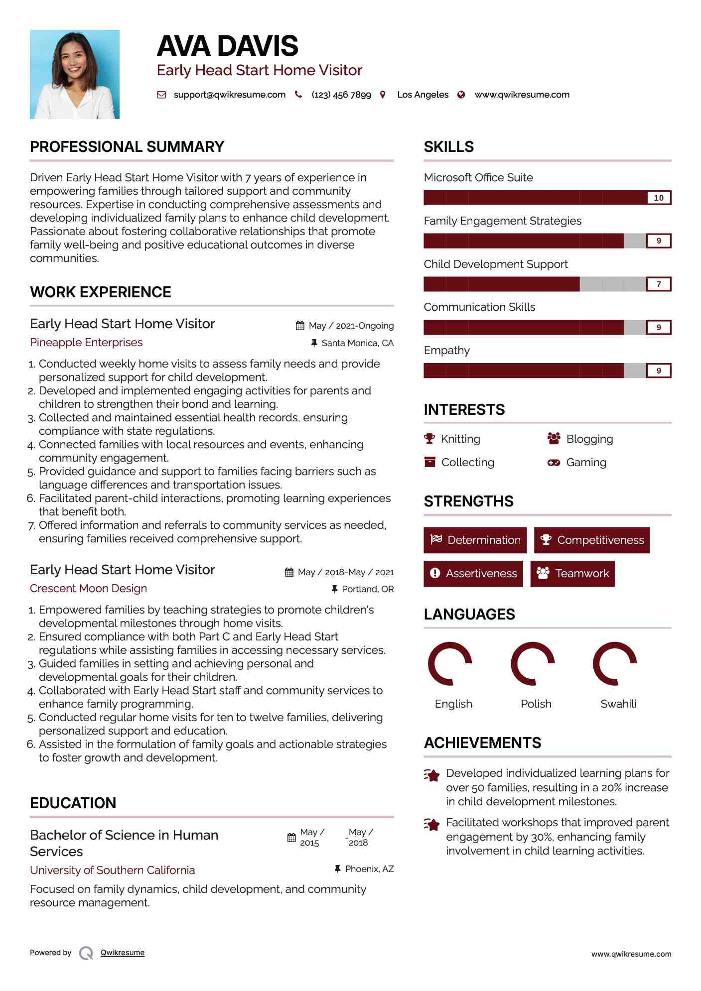 Early Head Start Home Visitor Resume Model