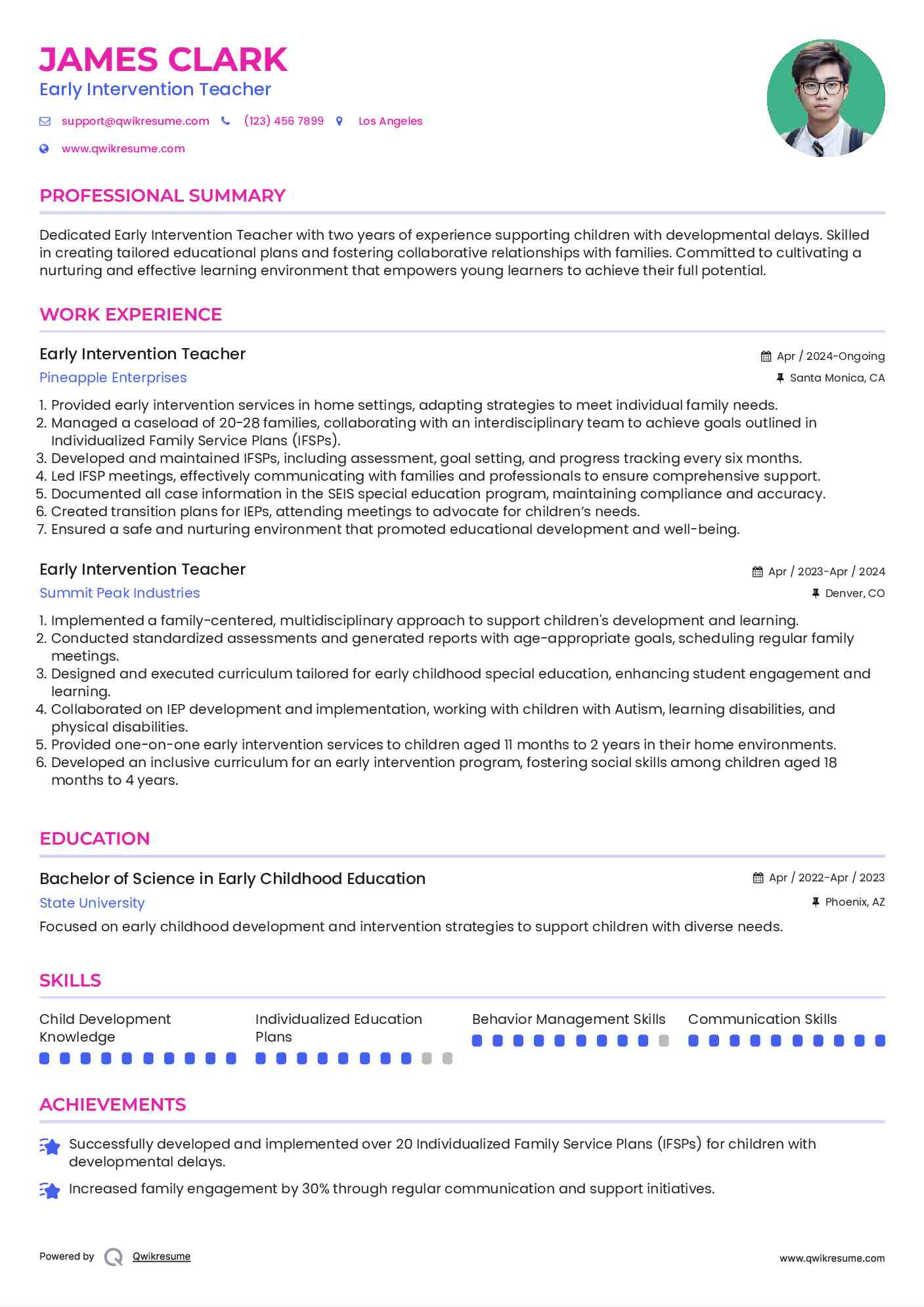 Early Intervention Teacher Resume Sample