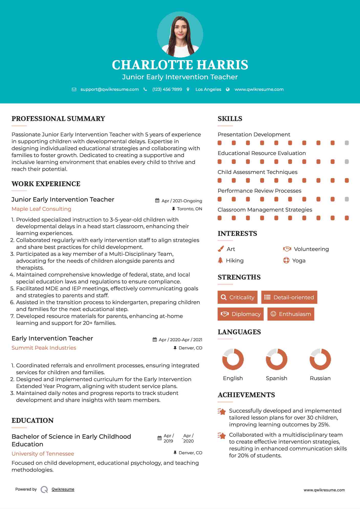 Junior Early Intervention Teacher Resume Example