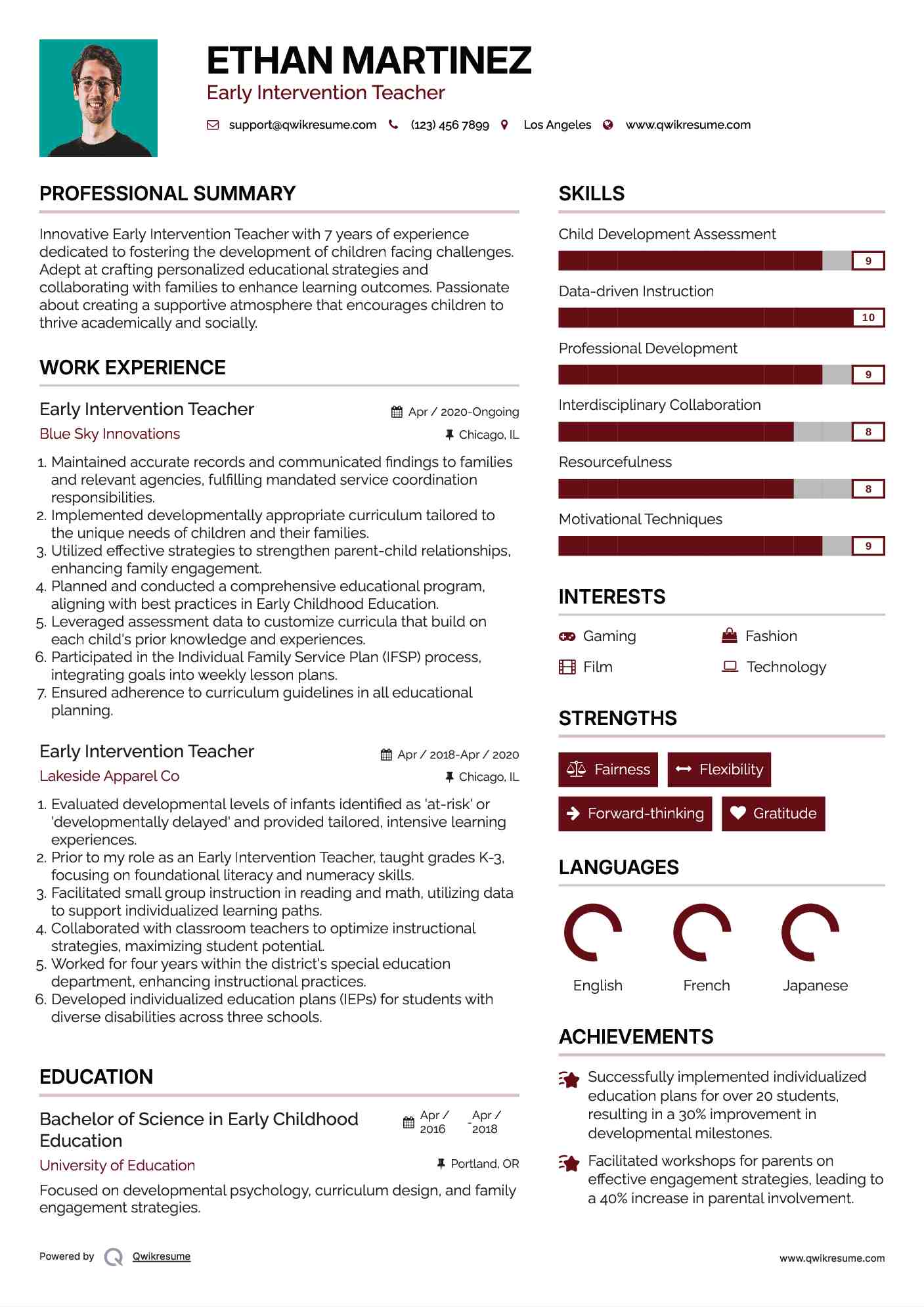 Early Intervention Teacher Resume Example