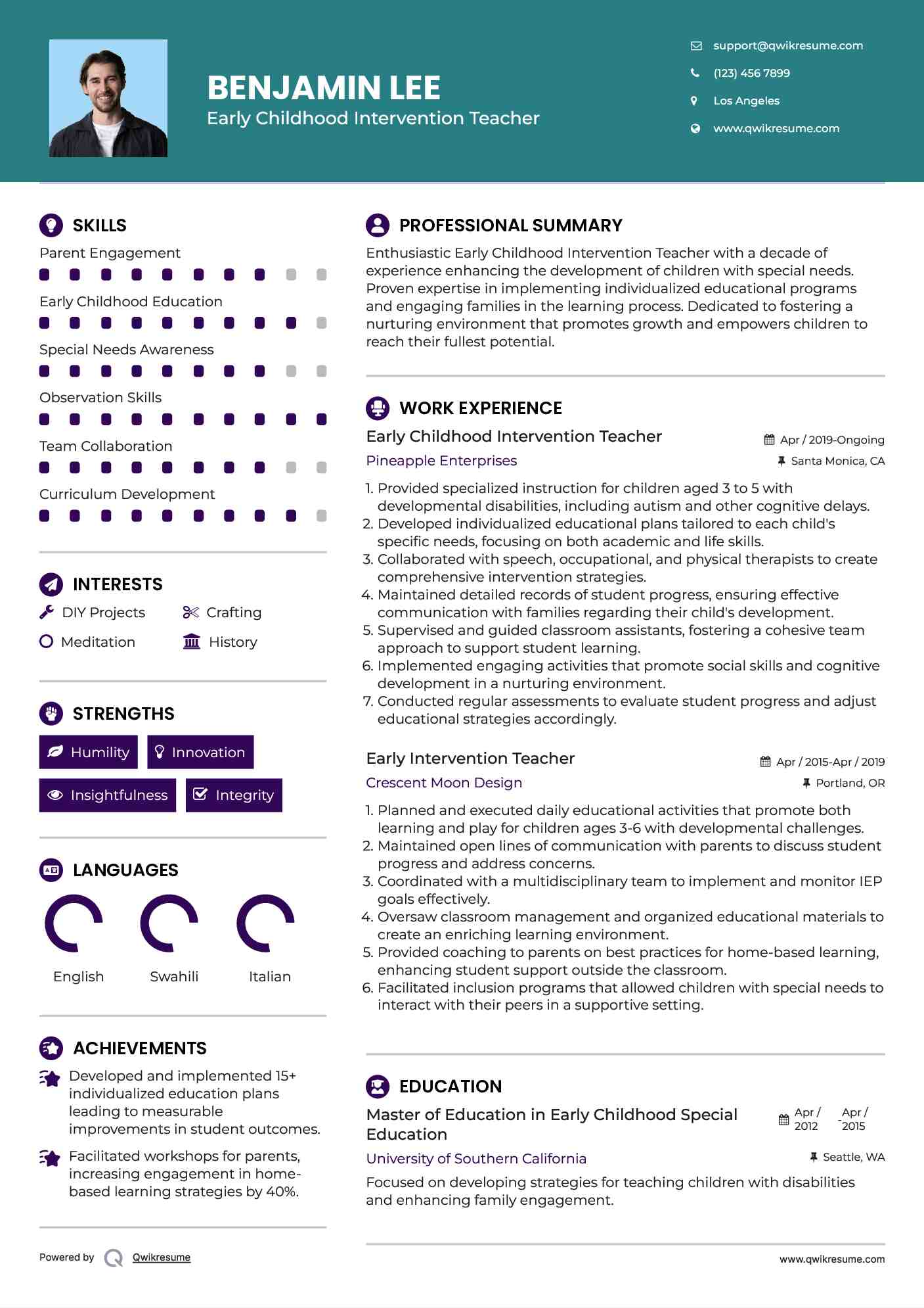 Early Childhood Intervention Teacher Resume Sample