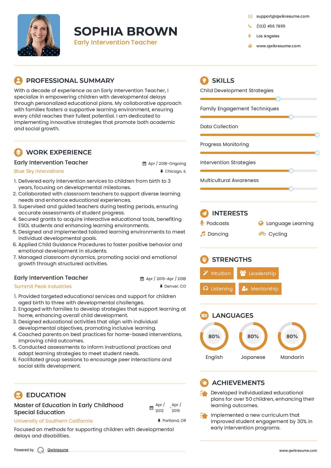 Early Intervention Teacher Resume Model