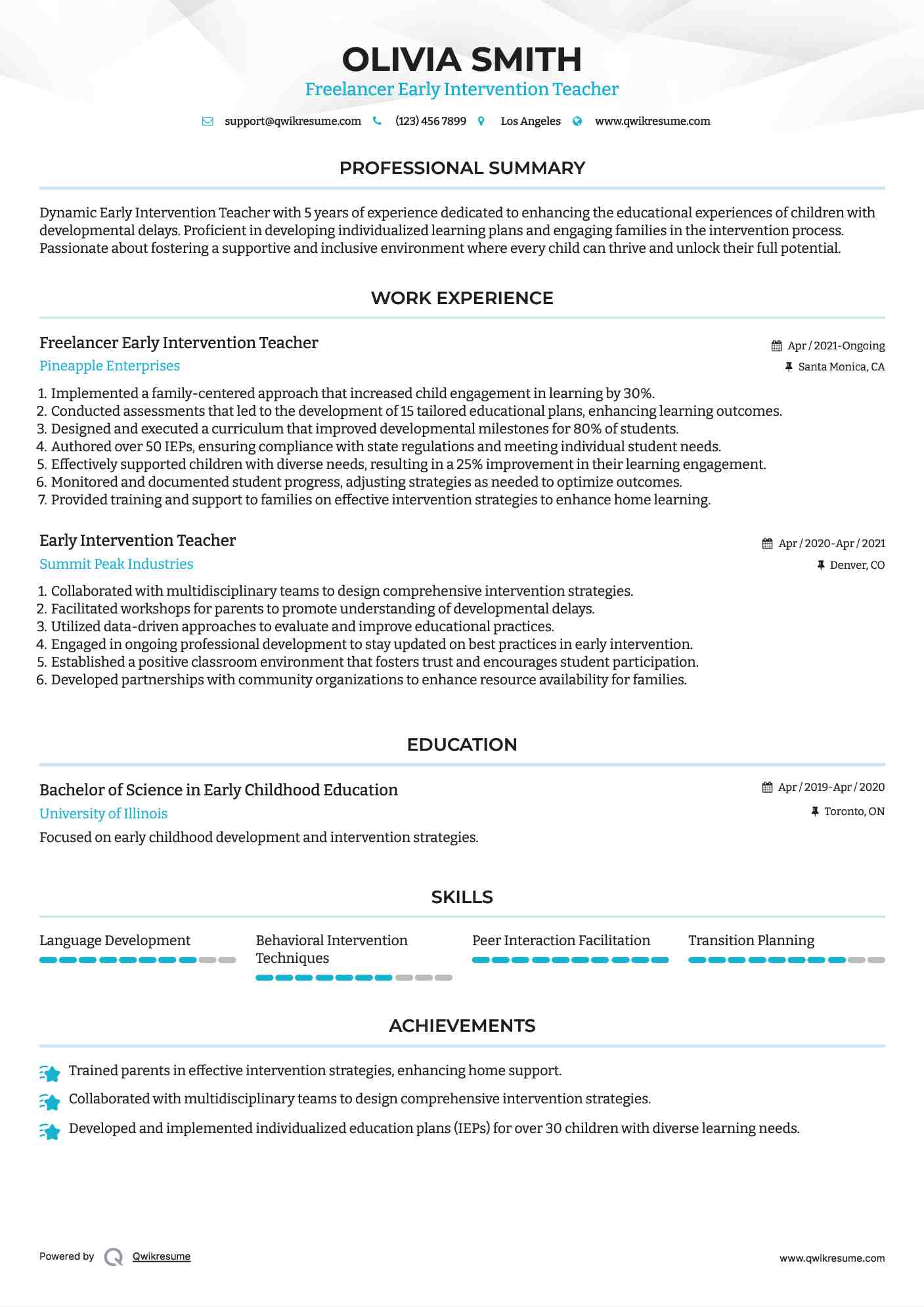 Freelancer Early Intervention Teacher Resume Model