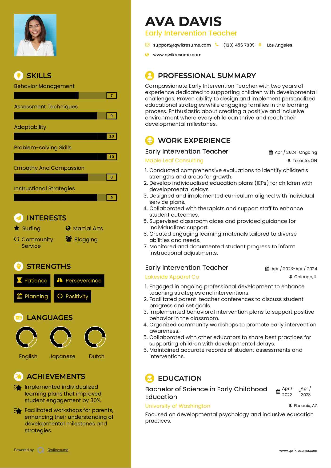 Early Intervention Teacher Resume Model