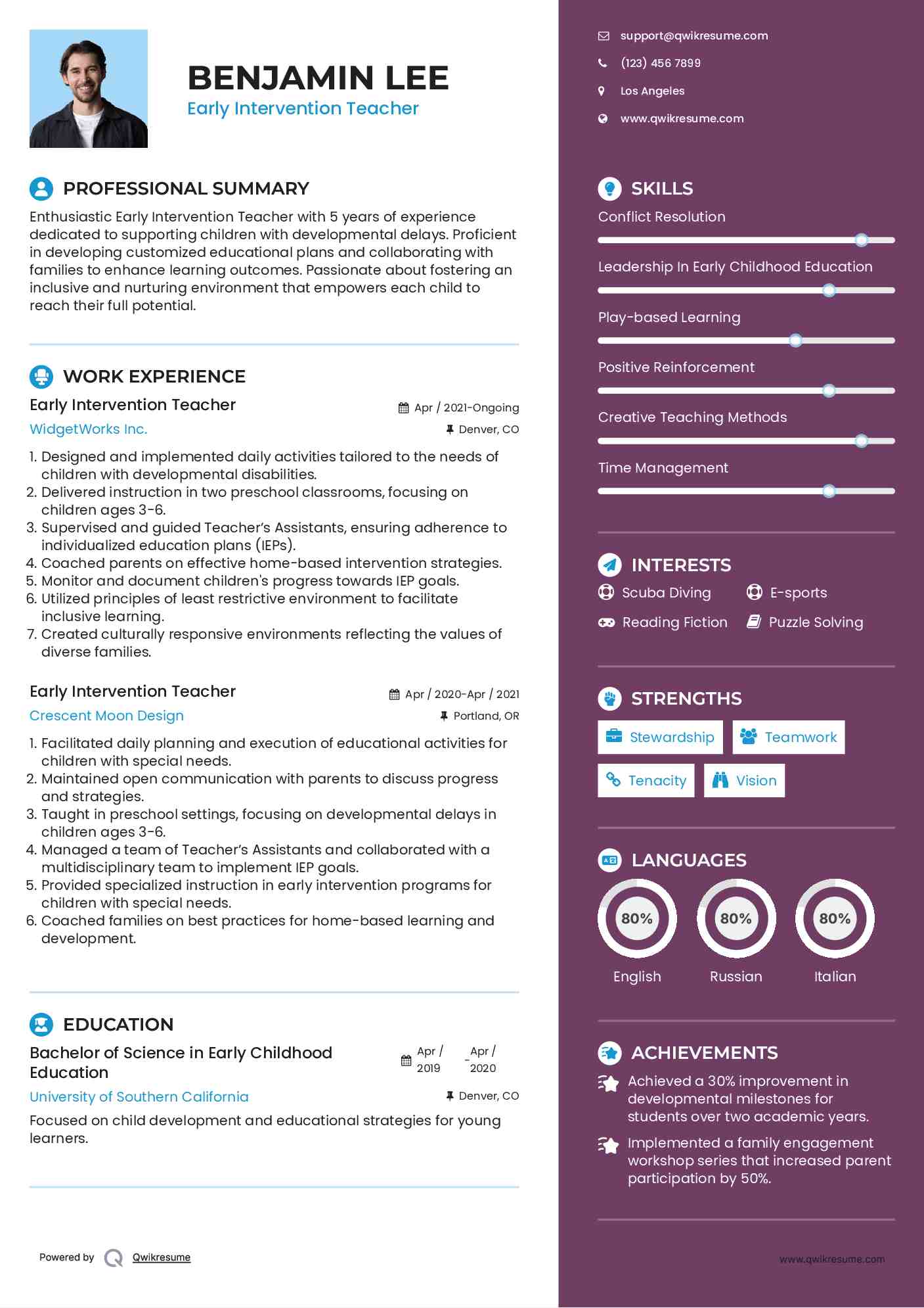 Early Intervention Teacher Resume Model