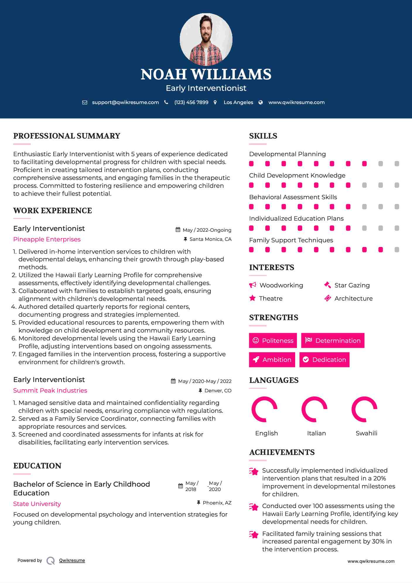 Early Interventionist Resume Model