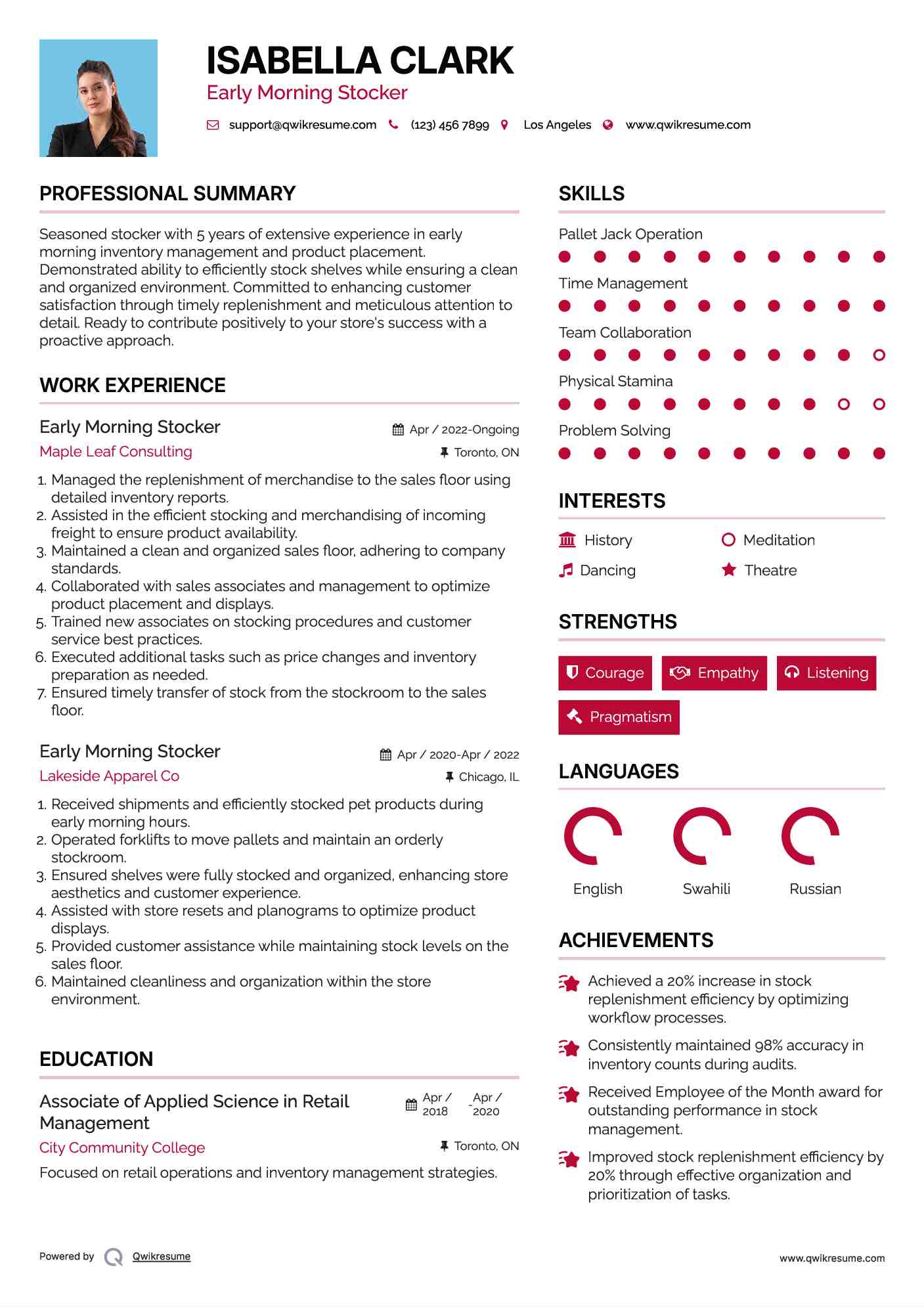 Early Morning Stocker Resume Model