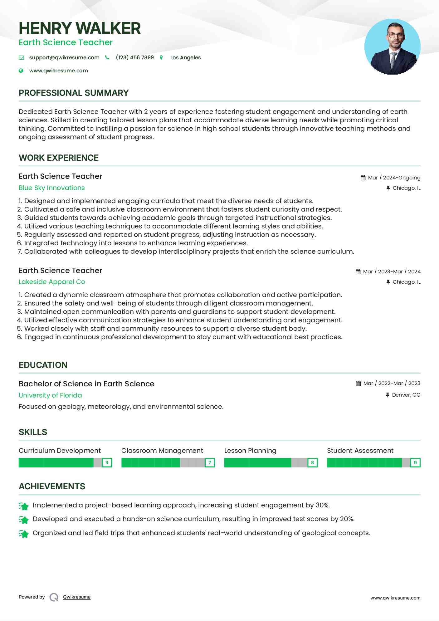 Earth Science Teacher Resume Template