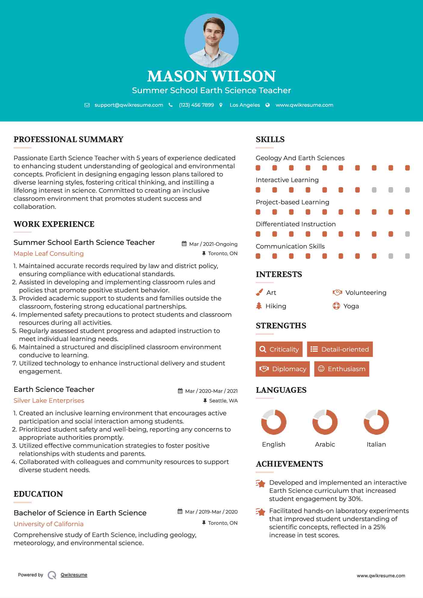 Summer School Earth Science Teacher Resume Format