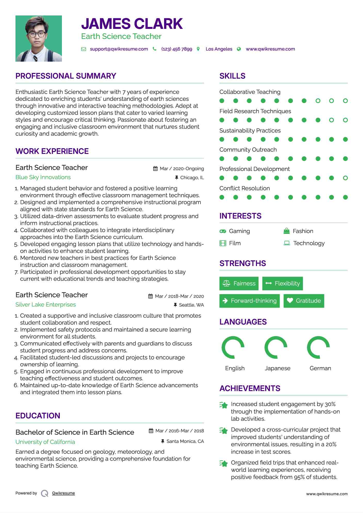 Earth Science Teacher Resume Template