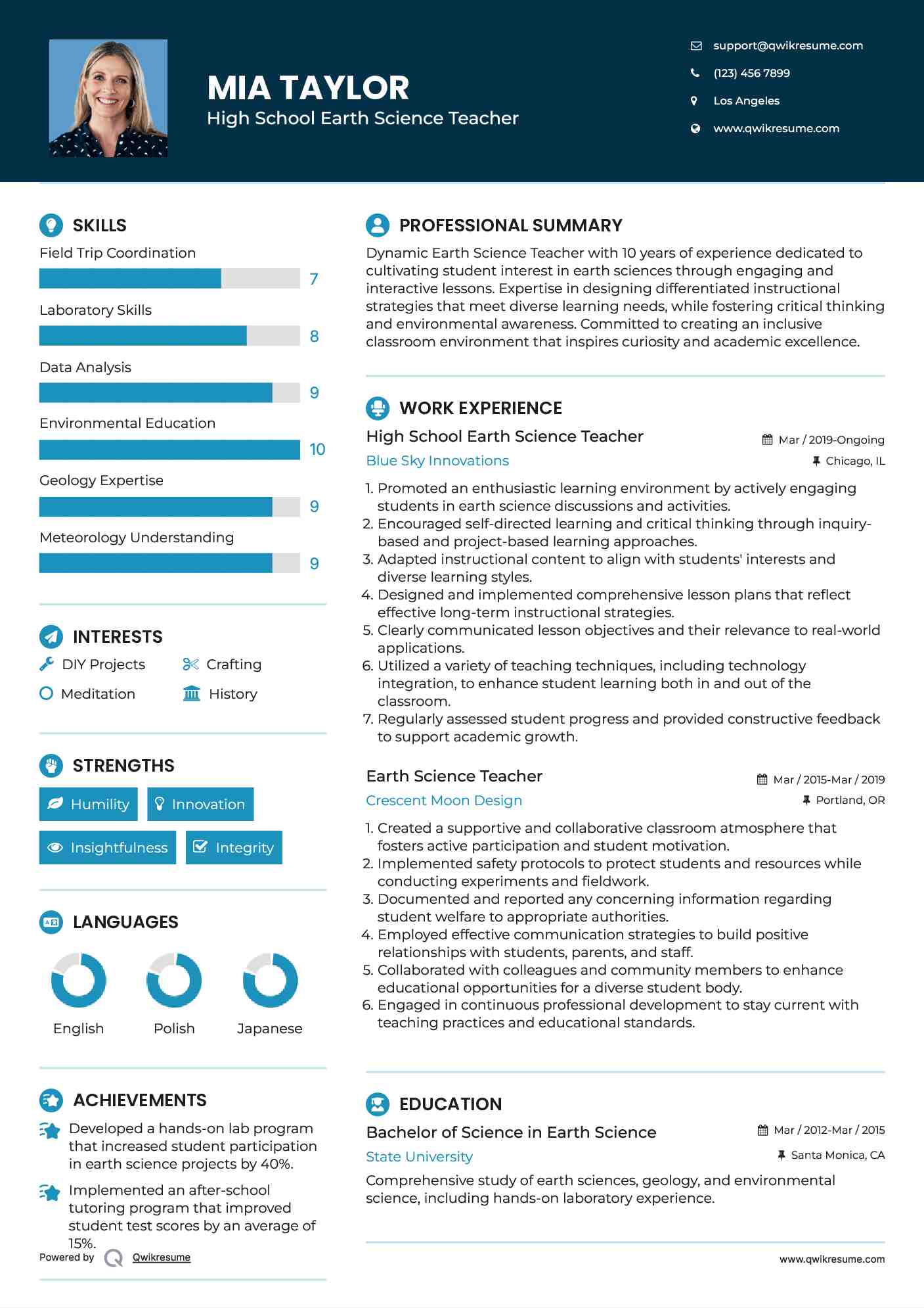High School Earth Science Teacher
 Resume Sample