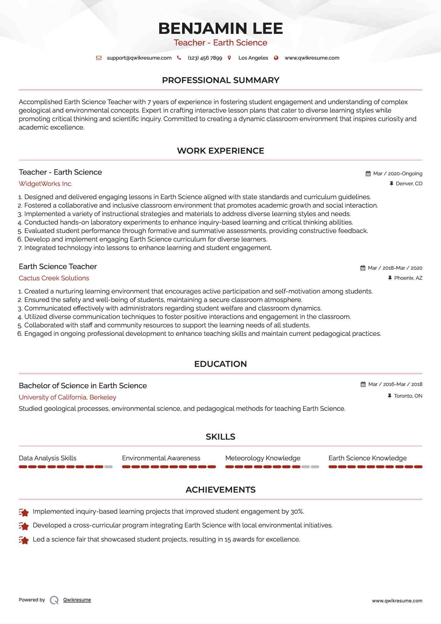 Teacher - Earth Science
 Resume Template