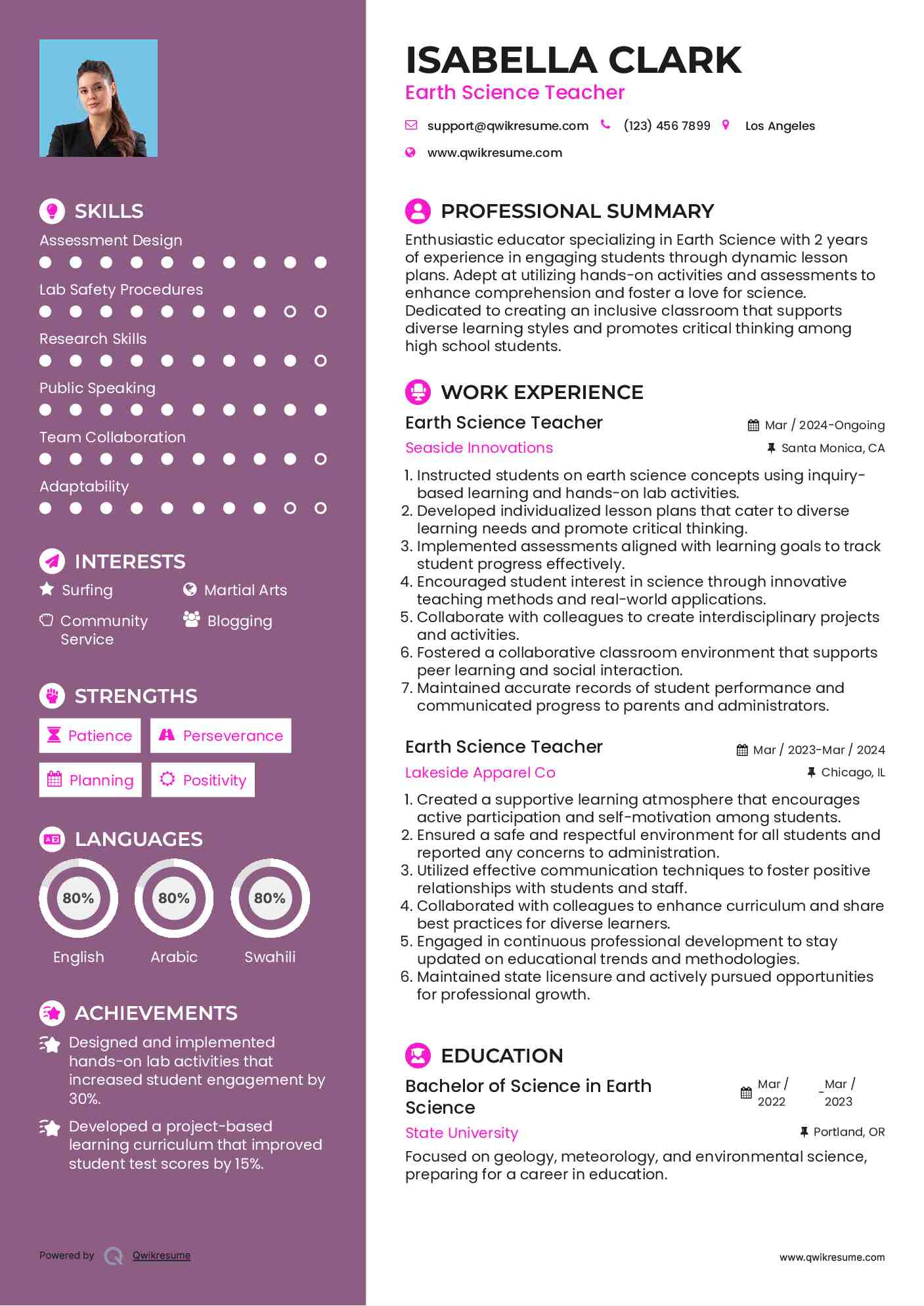 Earth Science Teacher Resume Format