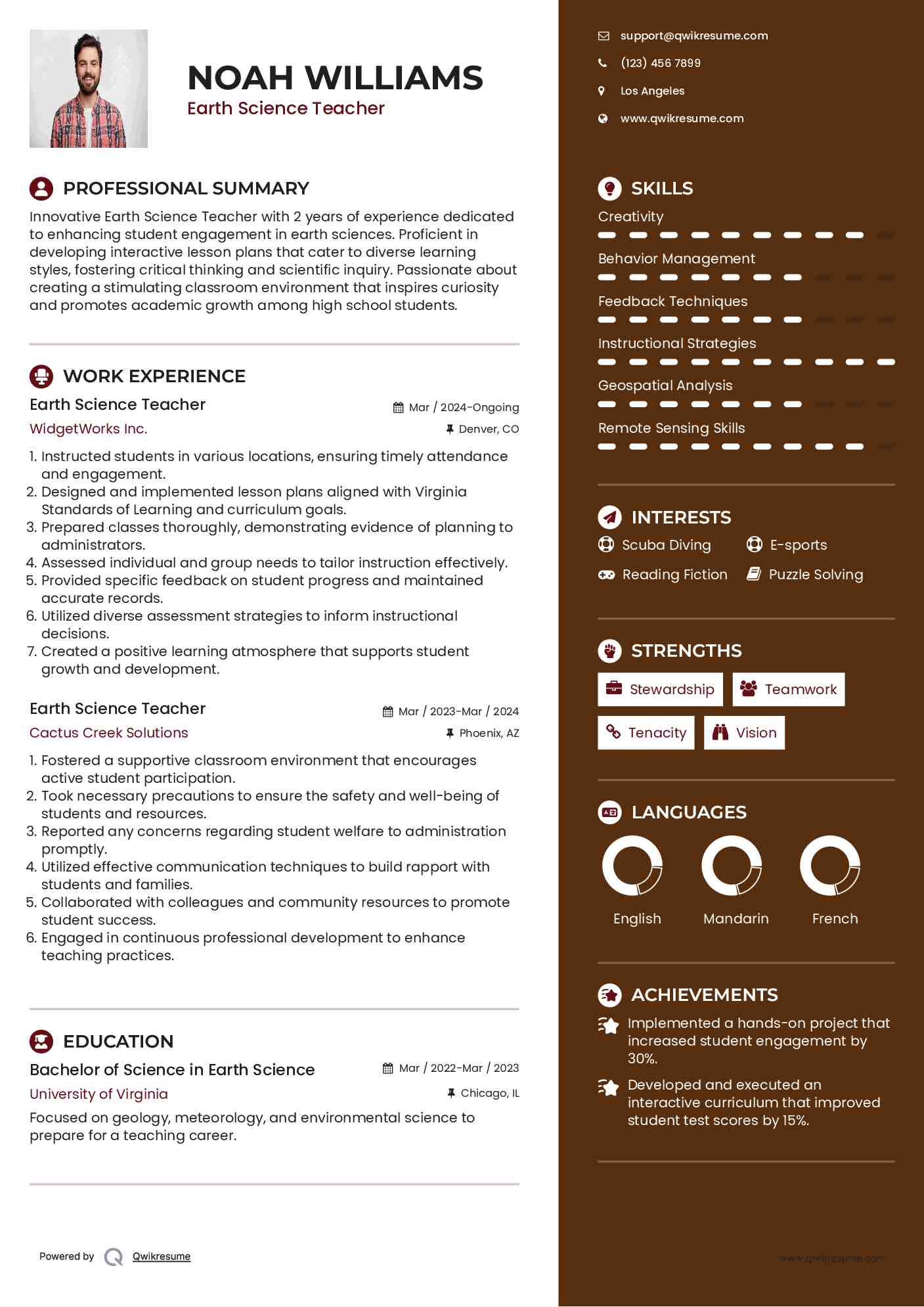 Earth Science Teacher Resume Model
