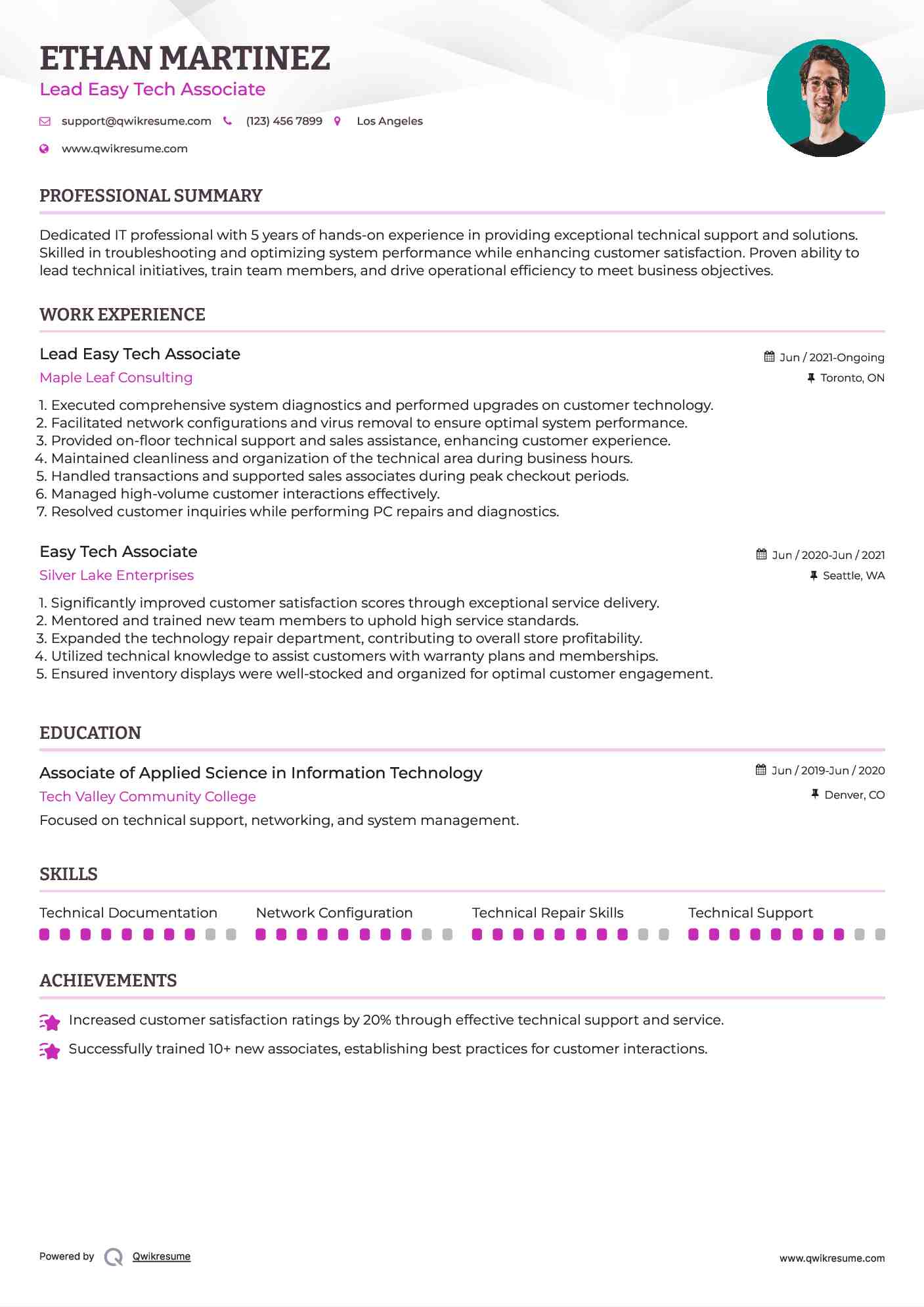 Lead Easy Tech Associate Resume Model