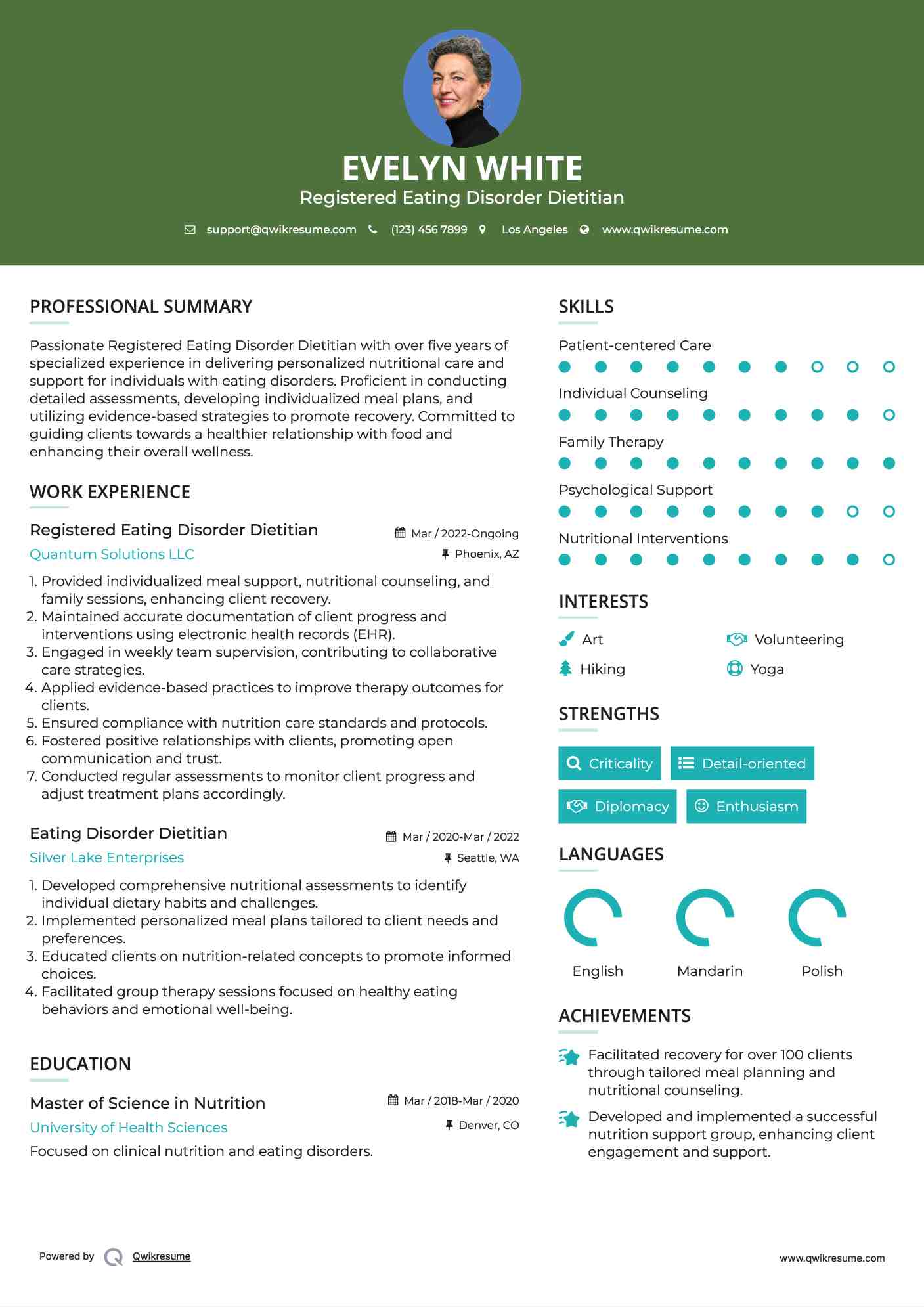 Registered Eating Disorder Dietitian Resume Sample