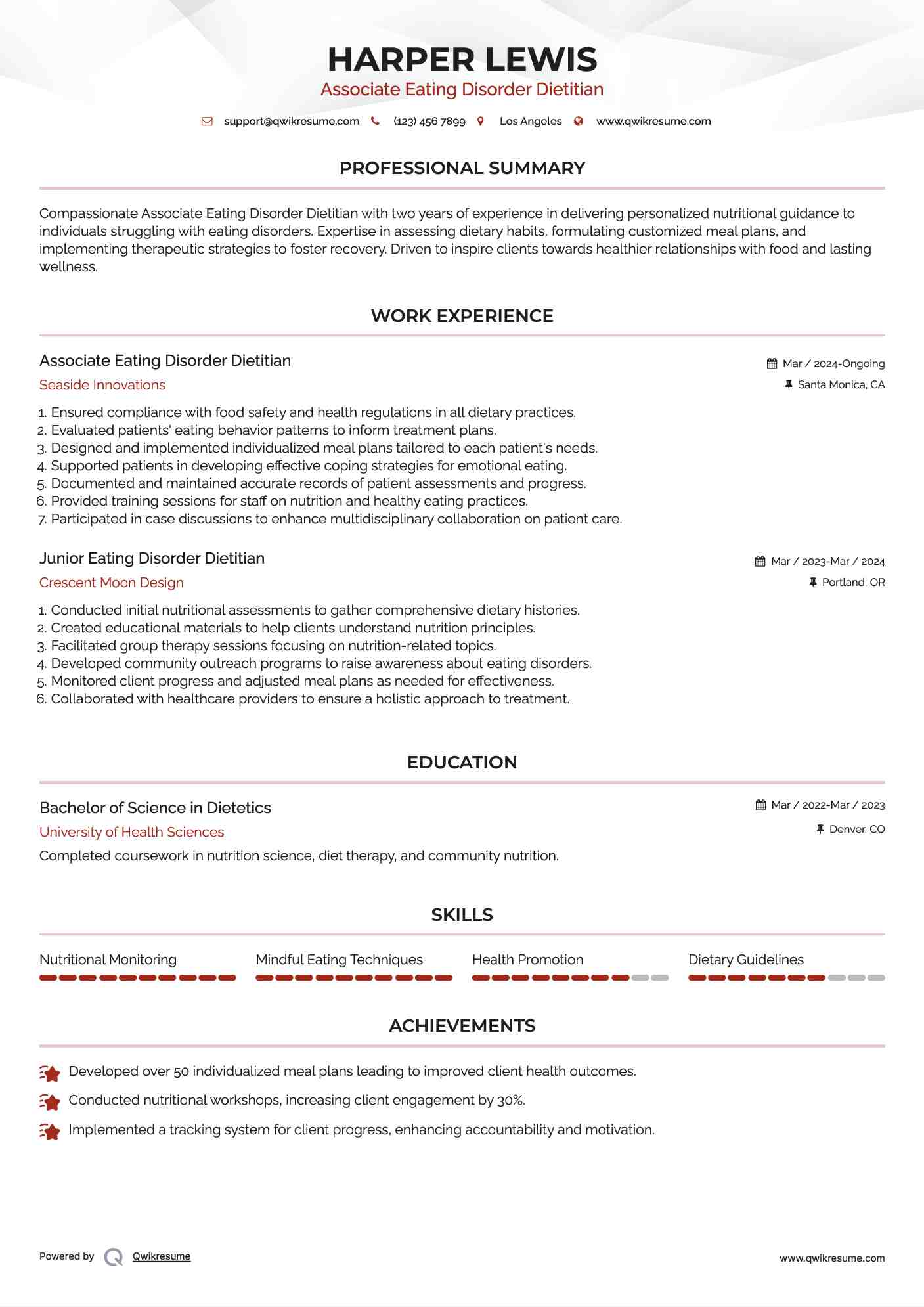 Associate Eating Disorder Dietitian Resume Format