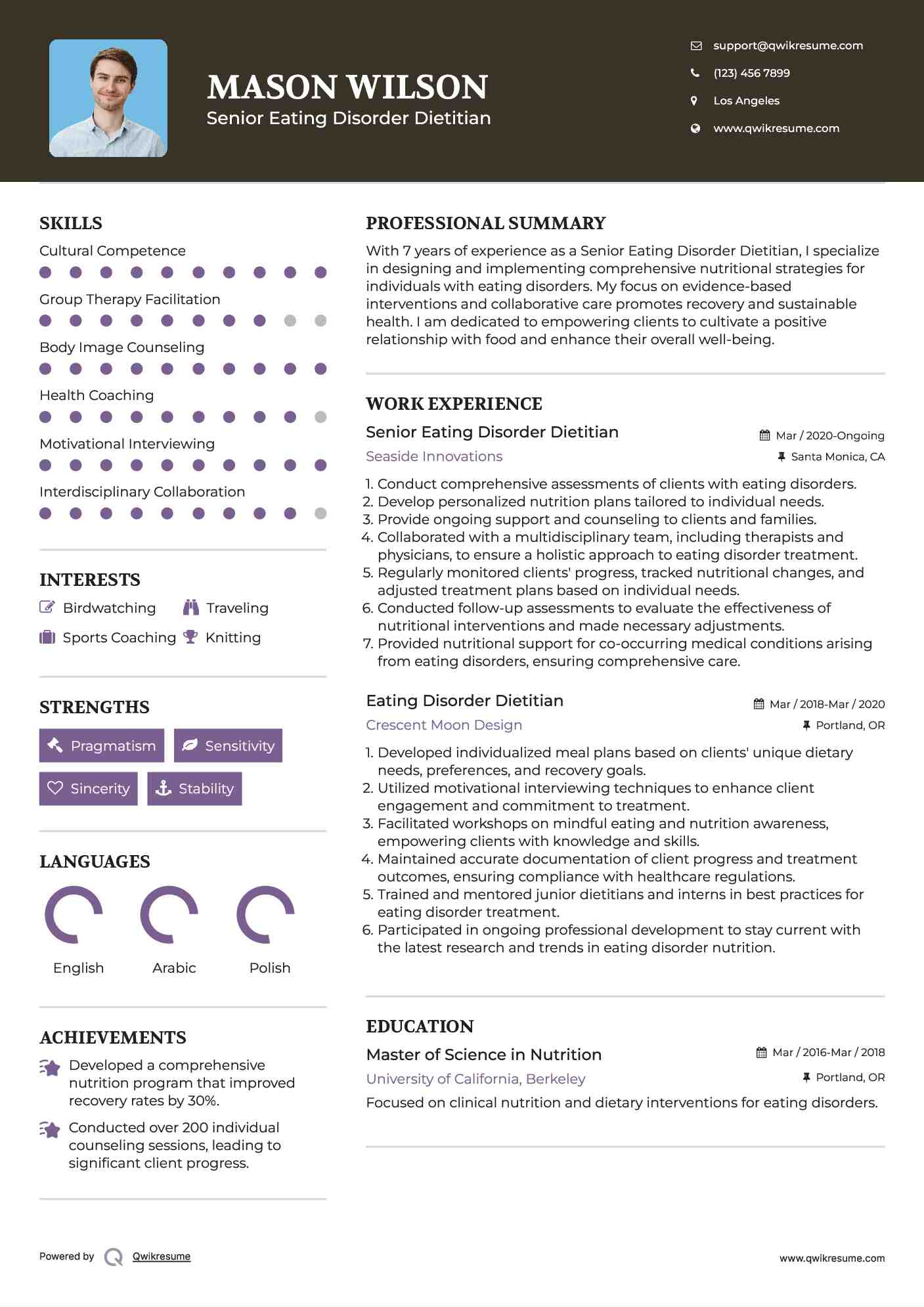 Senior Eating Disorder Dietitian  Resume Example