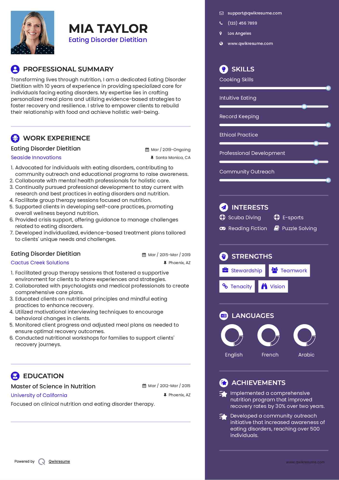 Eating Disorder Dietitian Resume Sample
