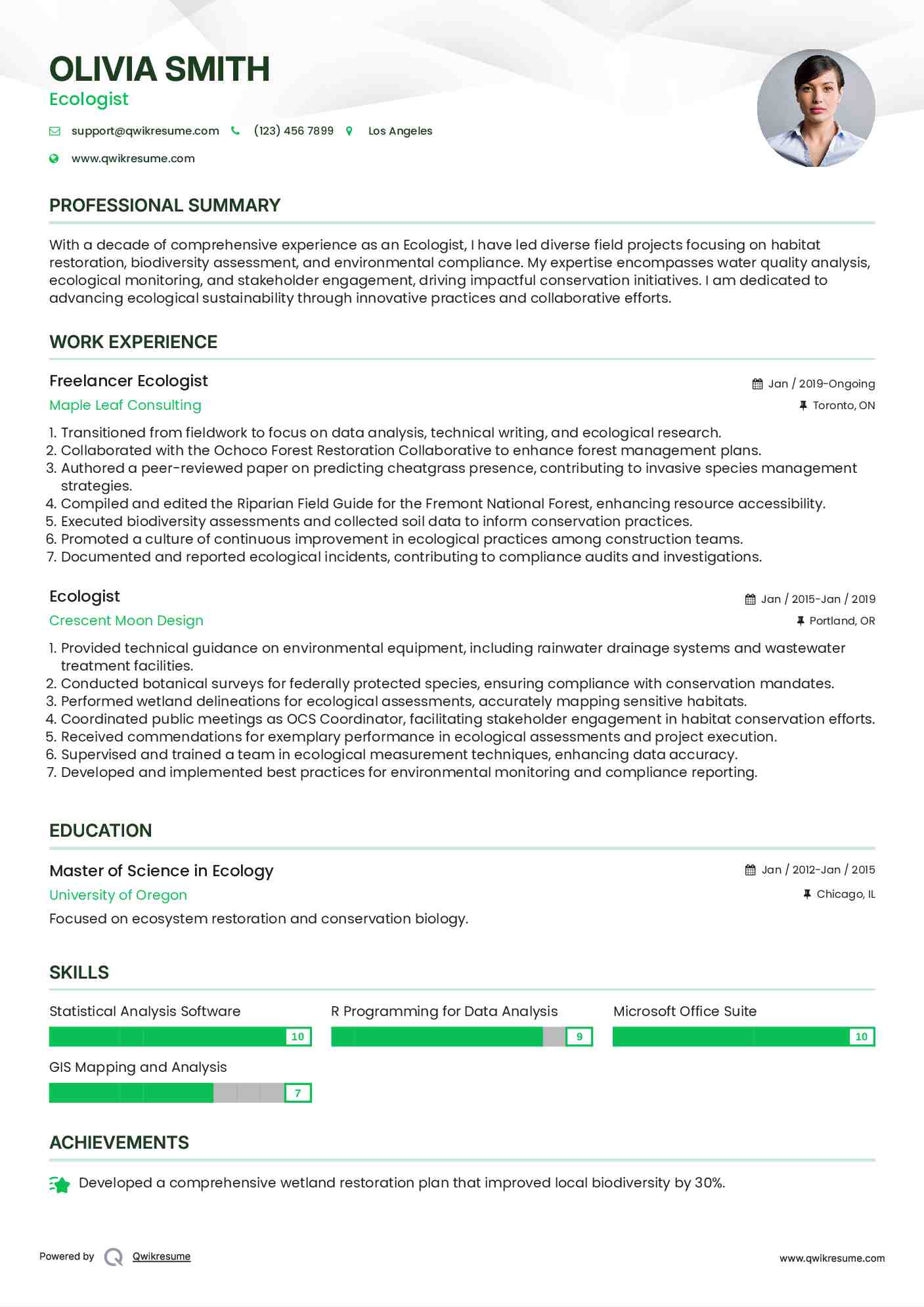 Freelancer Ecologist Resume Sample
