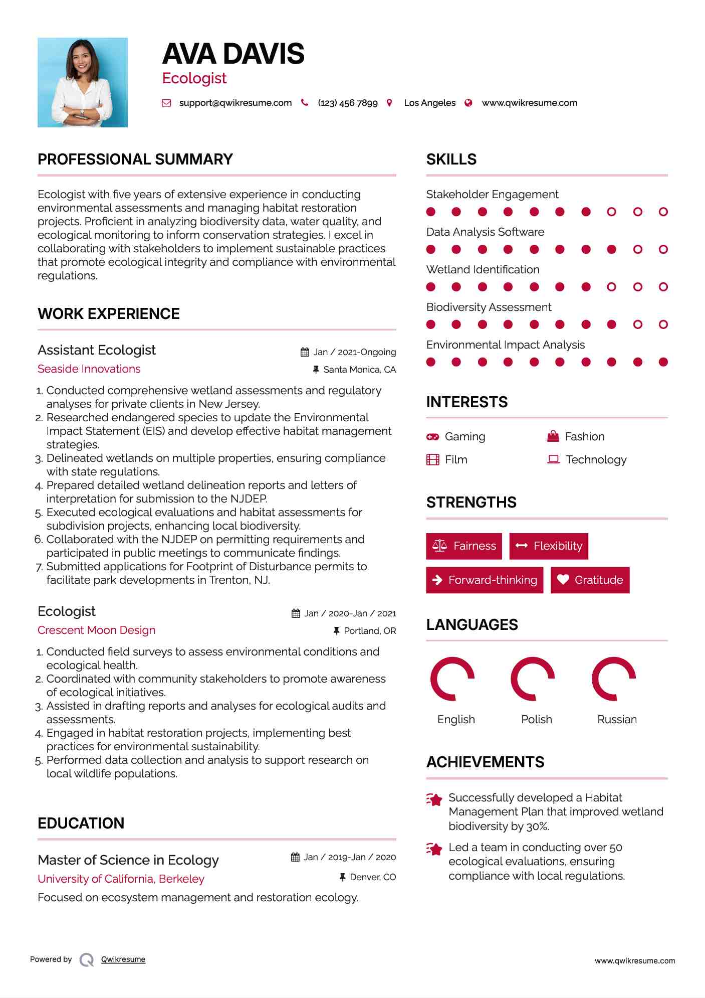 Assistant Ecologist Resume Format