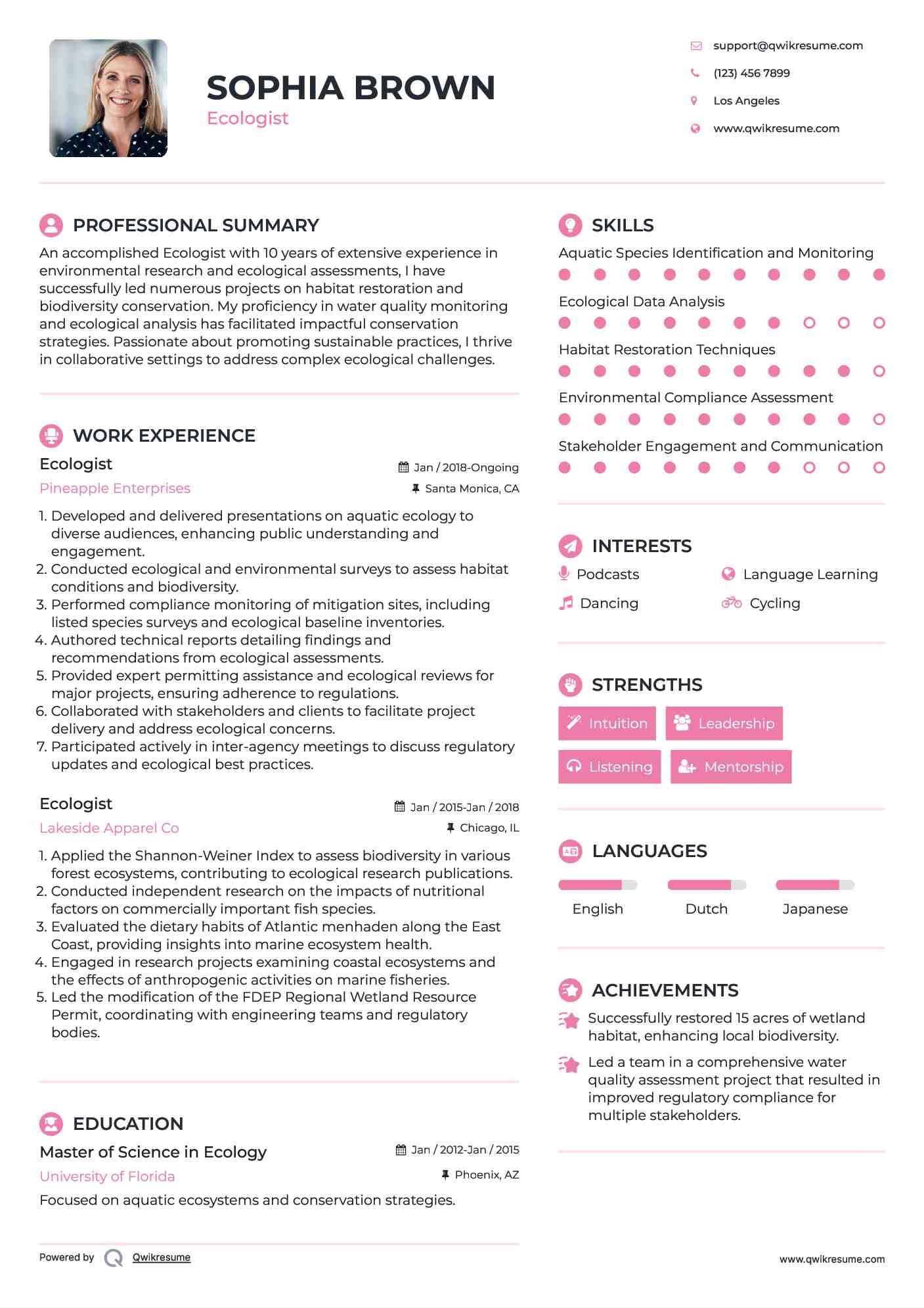 Ecologist Resume Model
