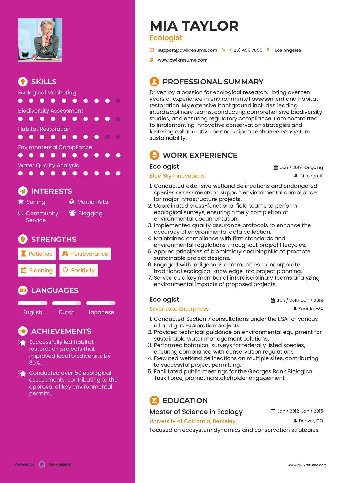 Ecologist Resume Example