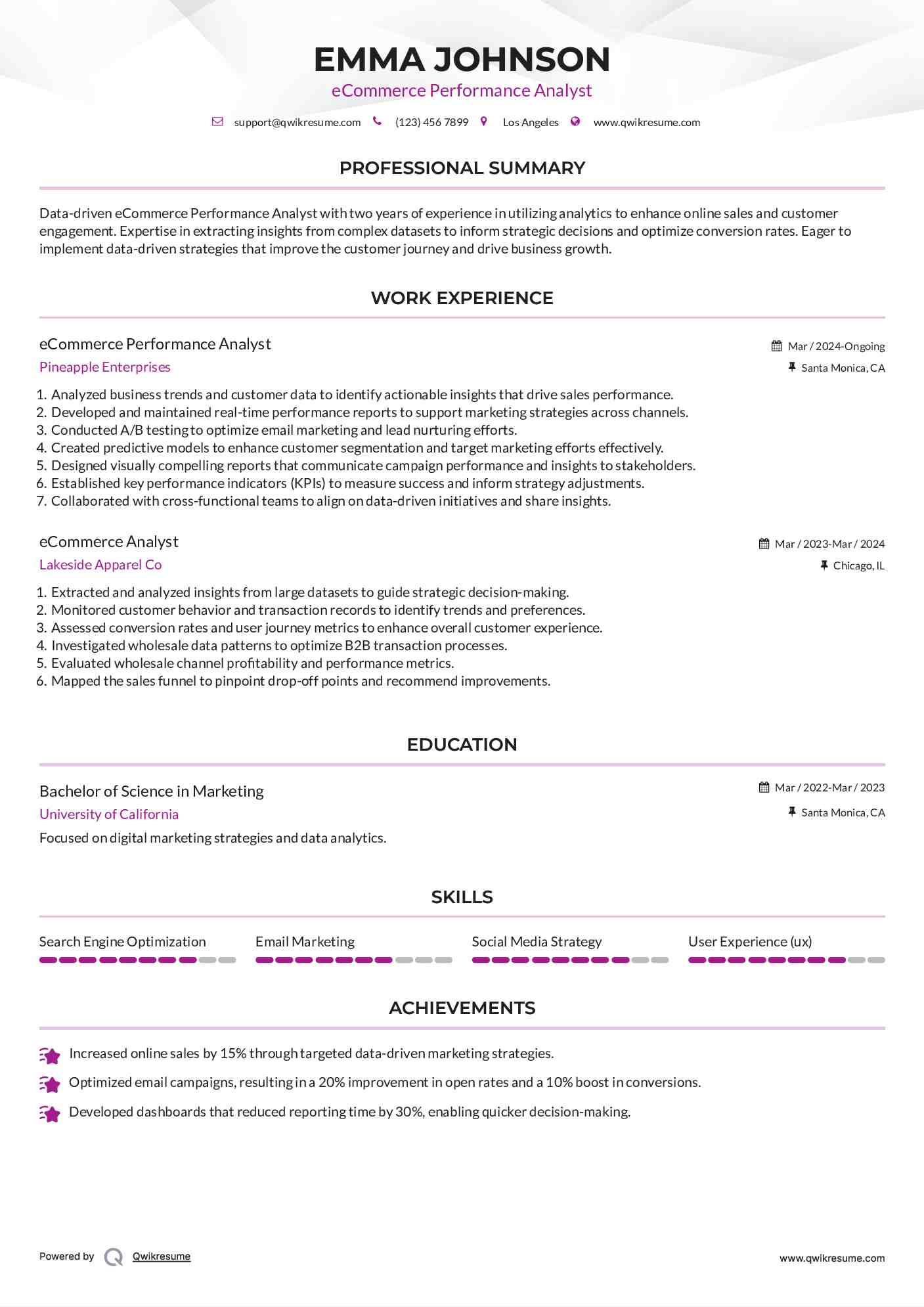 eCommerce Performance Analyst Resume Format