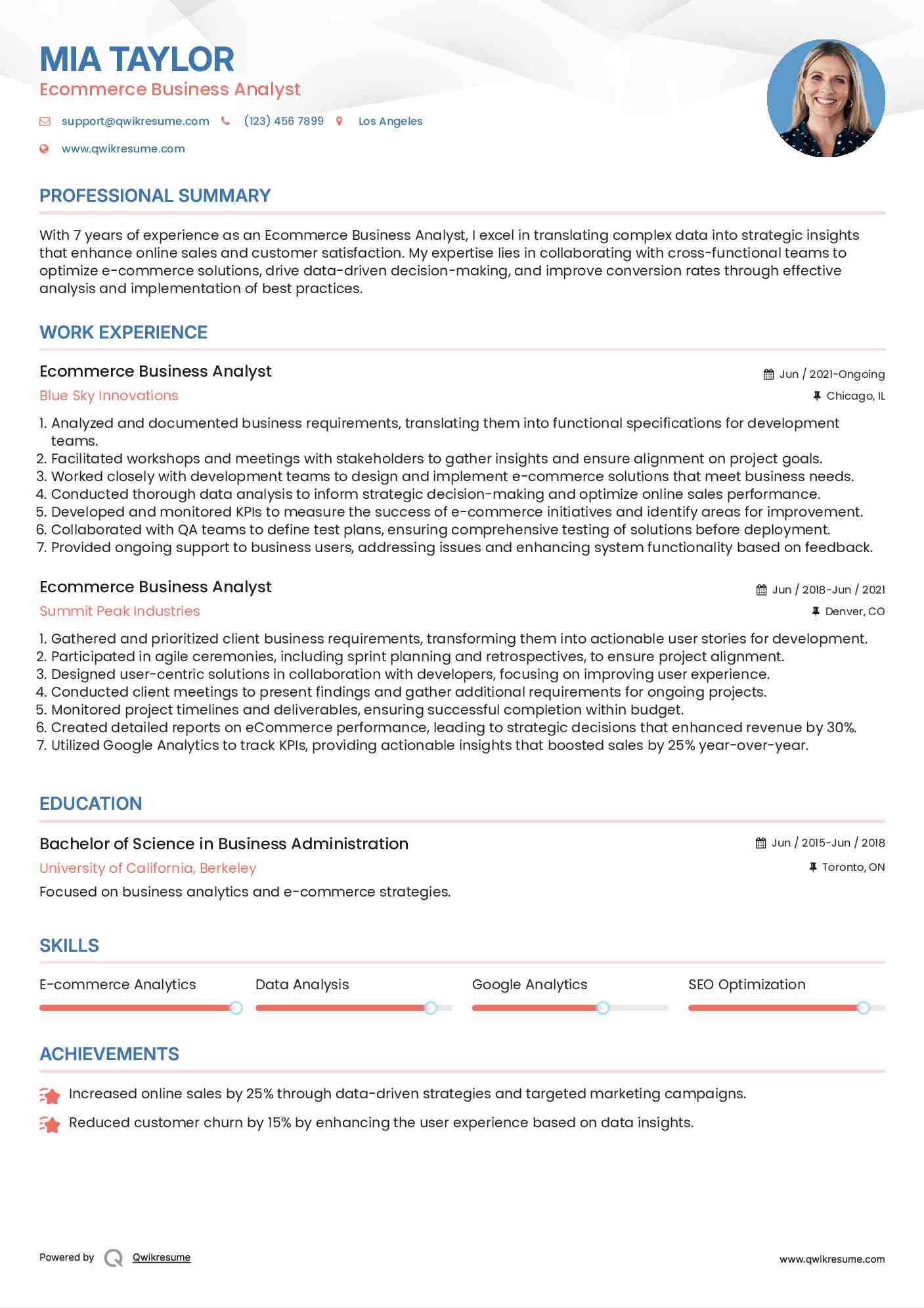 Ecommerce Business Analyst Resume Sample