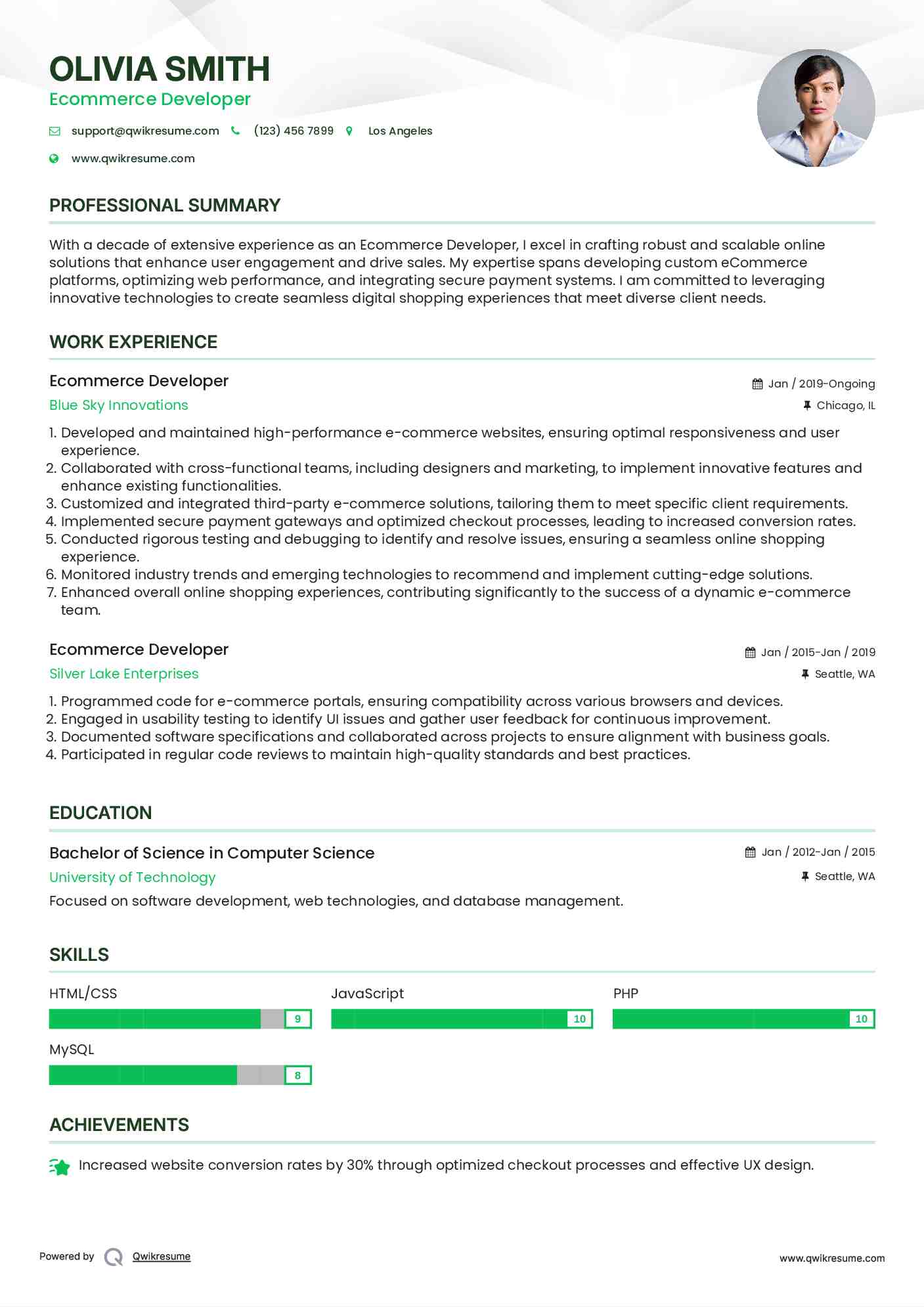 Ecommerce Developer Resume Sample