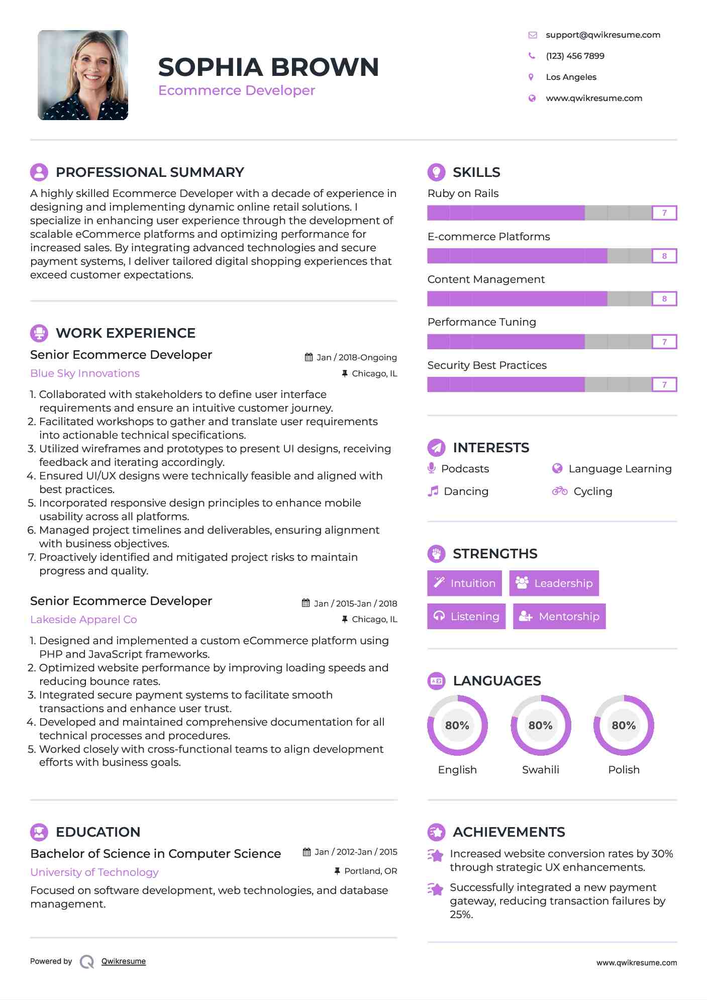 Senior Ecommerce Developer Resume Example