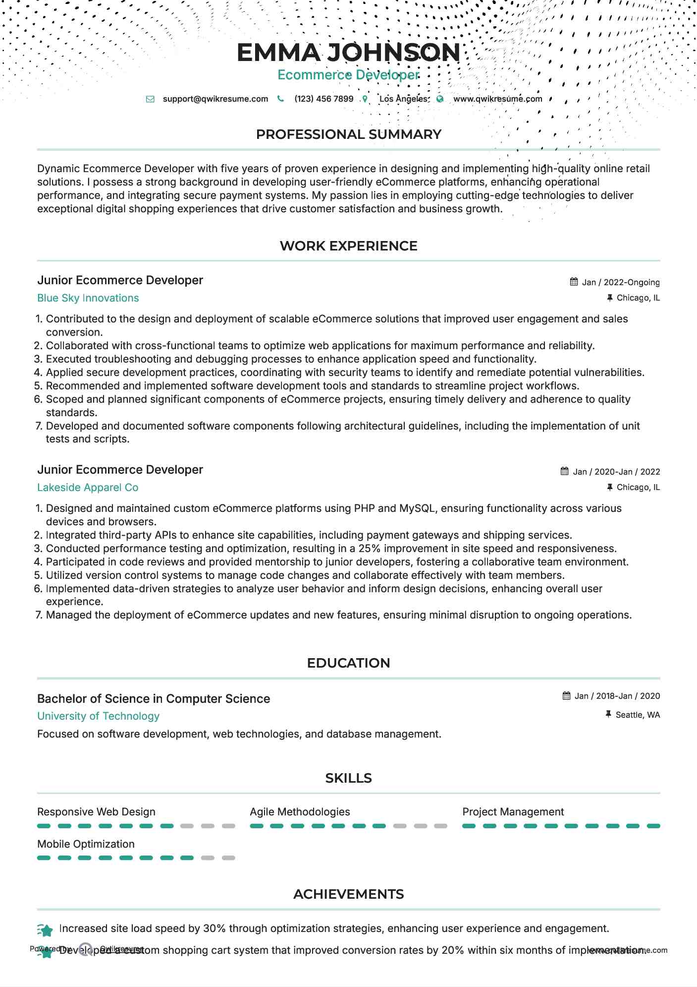 Junior Ecommerce Developer Resume Format