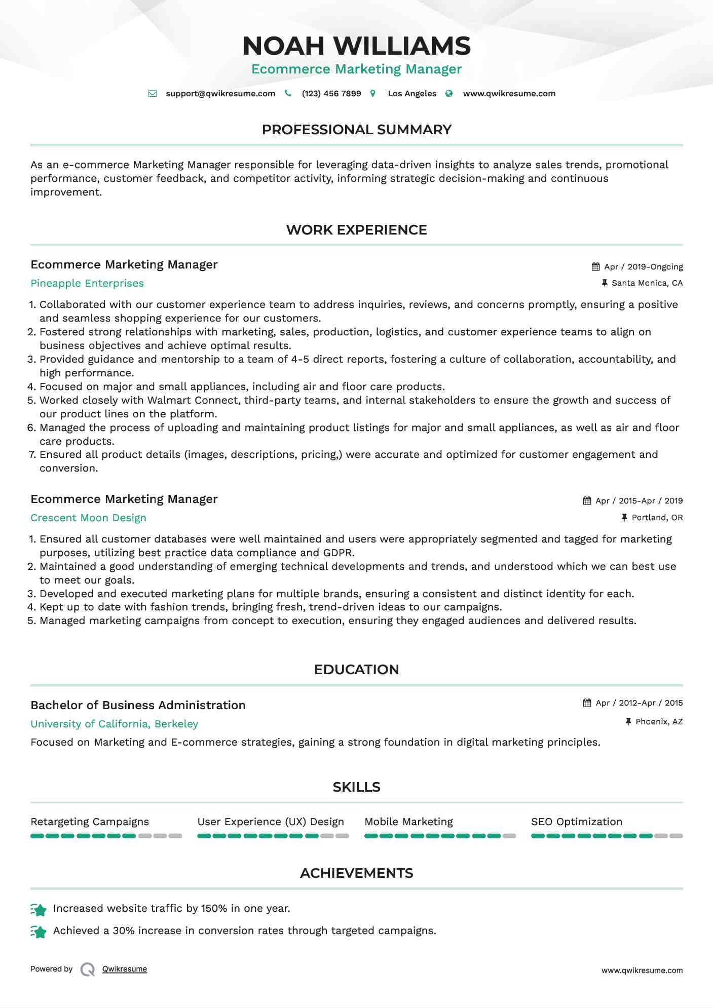 Ecommerce Marketing Manager Resume Format