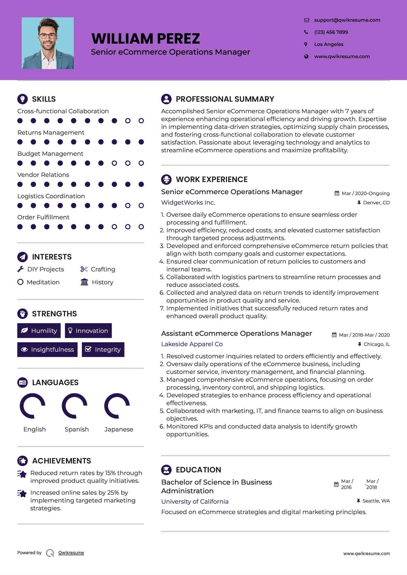 Senior eCommerce Operations Manager Resume Model