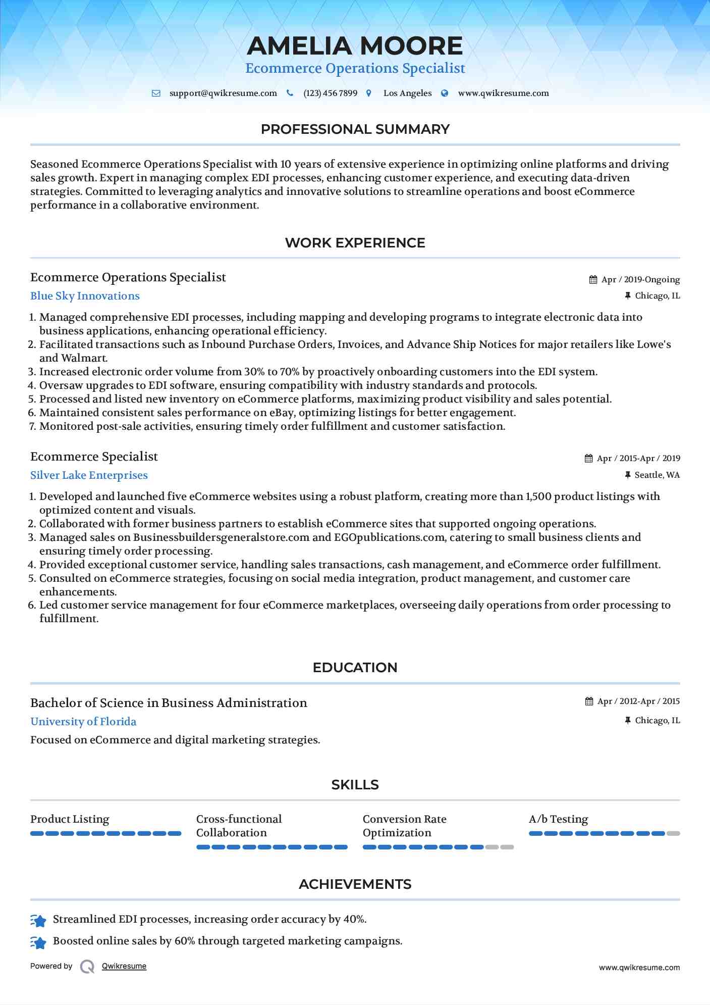 Ecommerce Operations Specialist Resume Template