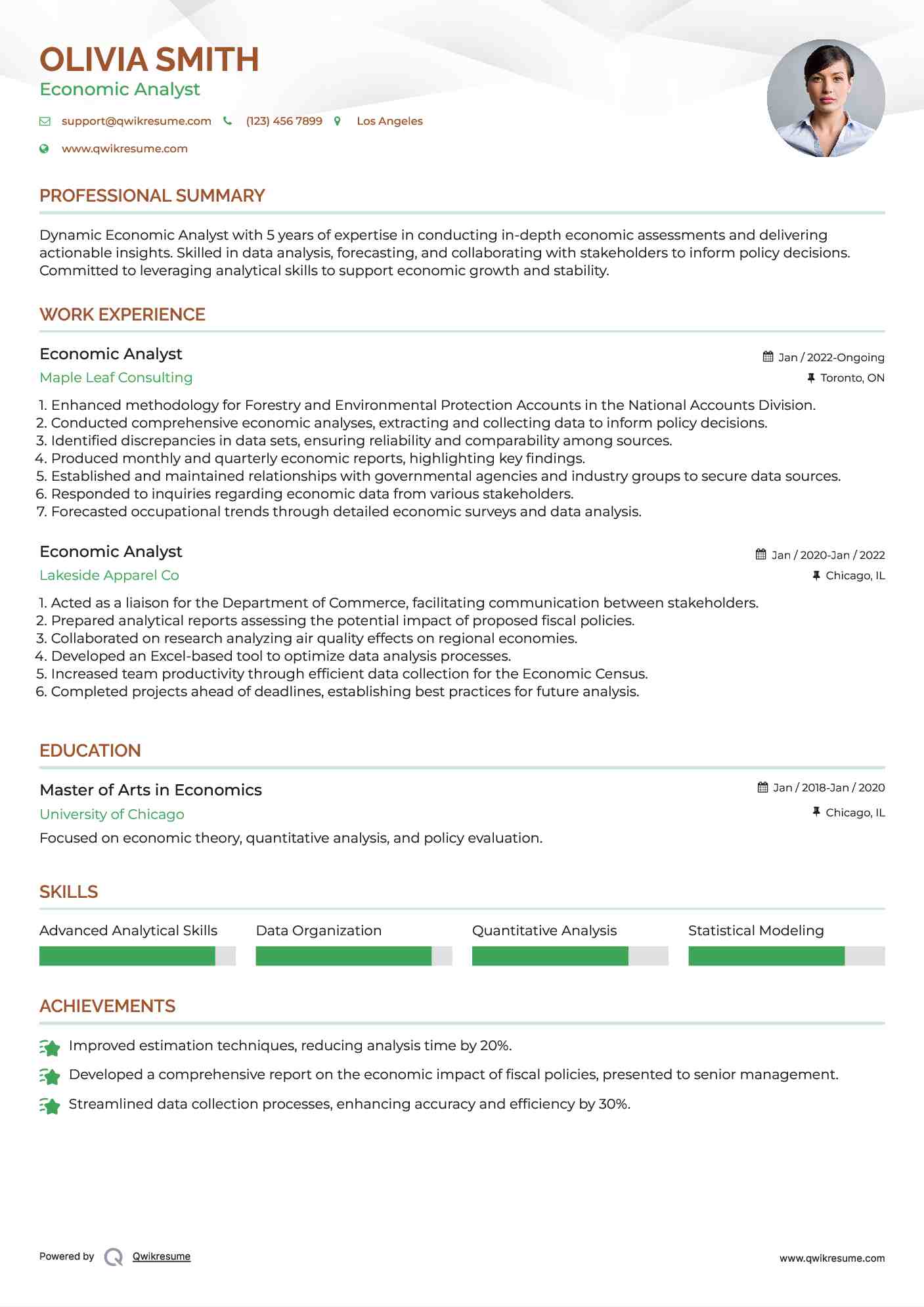 Economic Analyst Resume Sample