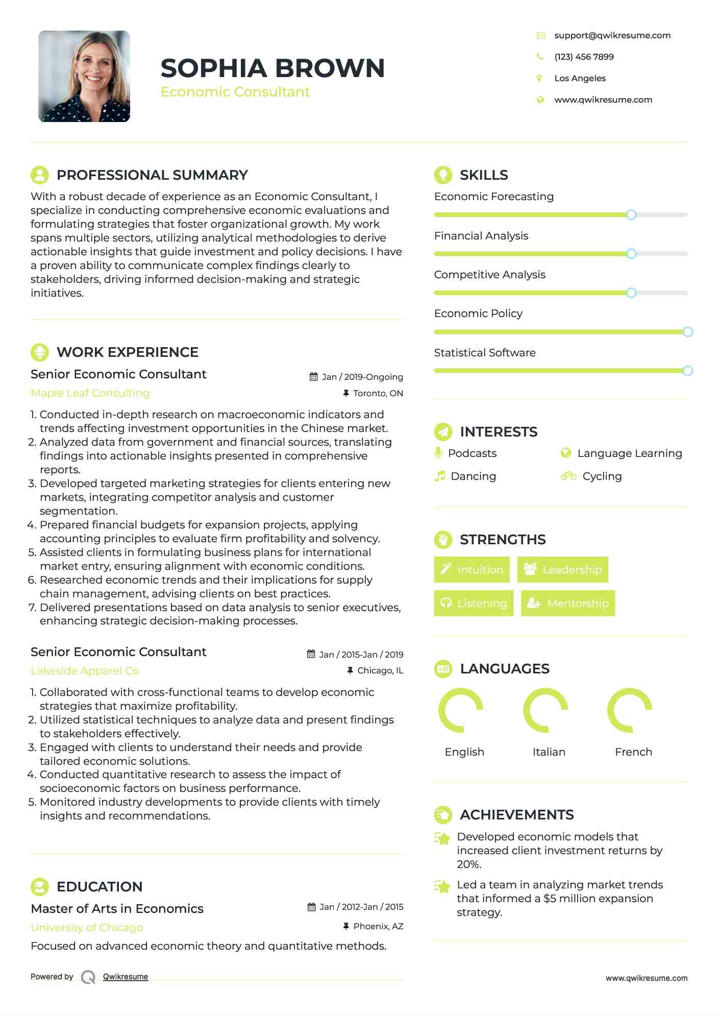 Senior Economic Consultant Resume Model