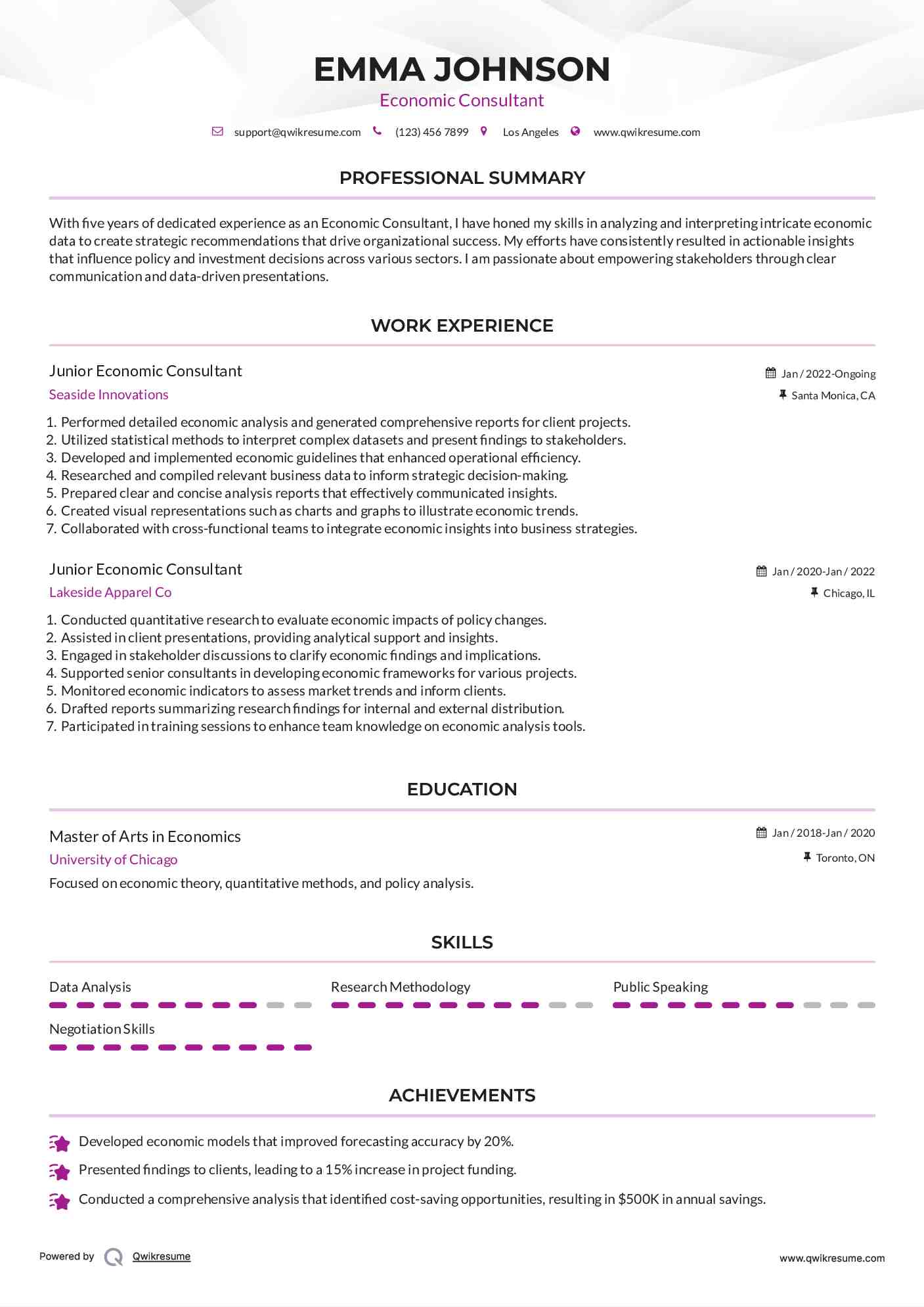Junior Economic Consultant Resume Model