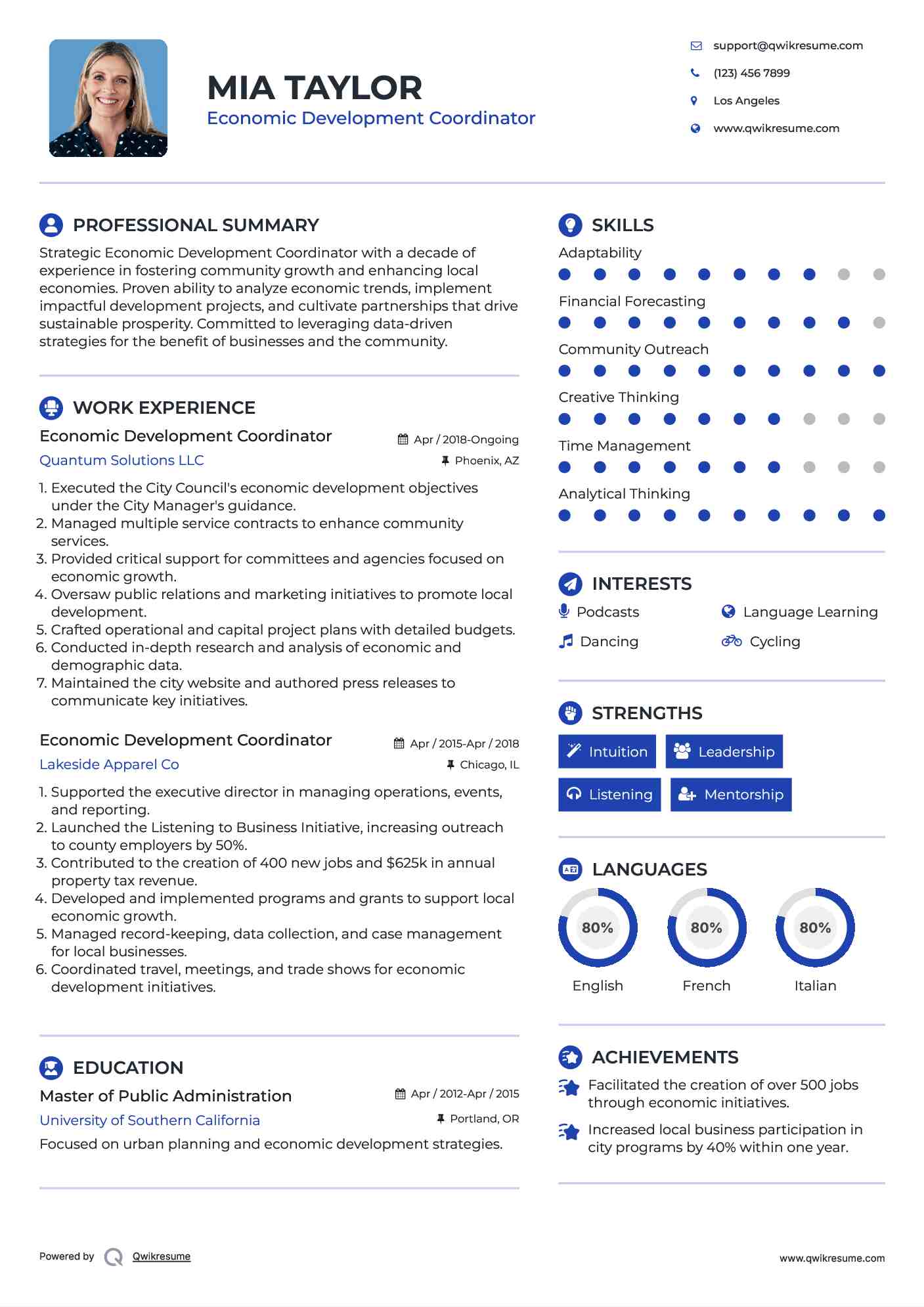 Economic Development Coordinator Resume Sample