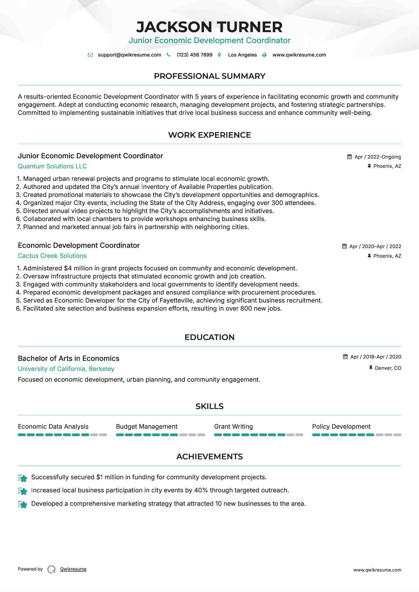 Junior Economic Development Coordinator Resume Example