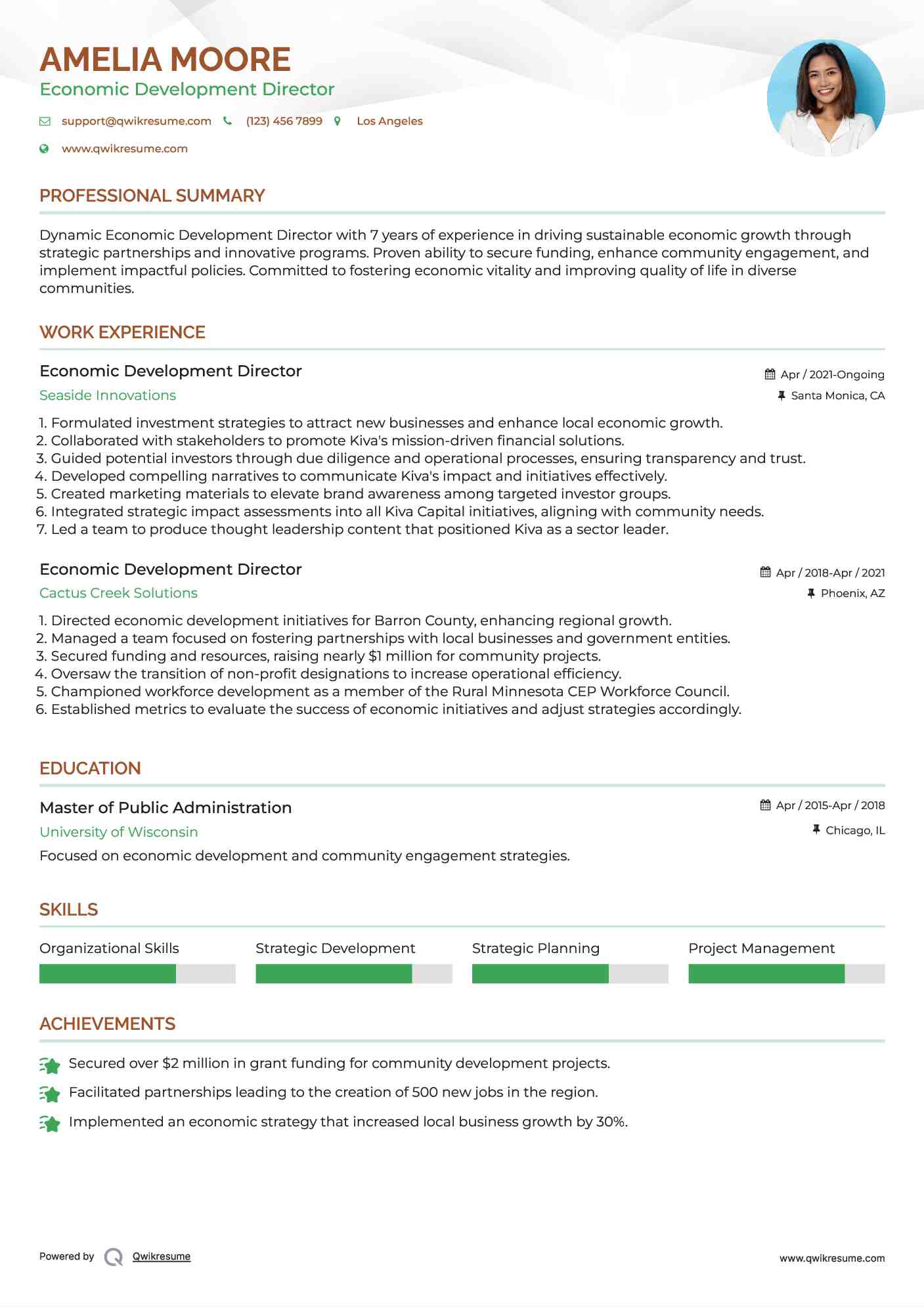 Economic Development Director Resume Sample