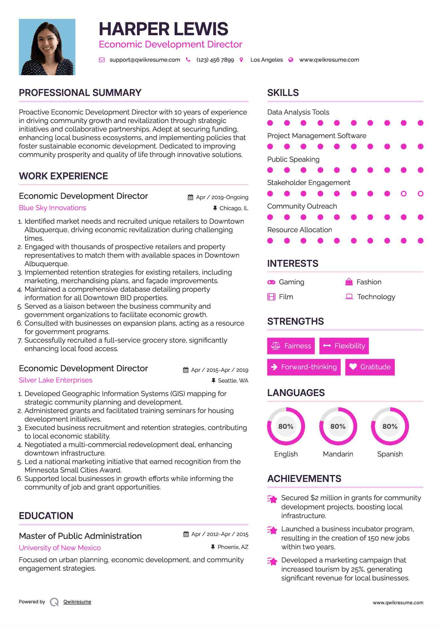 Economic Development Director Resume Sample