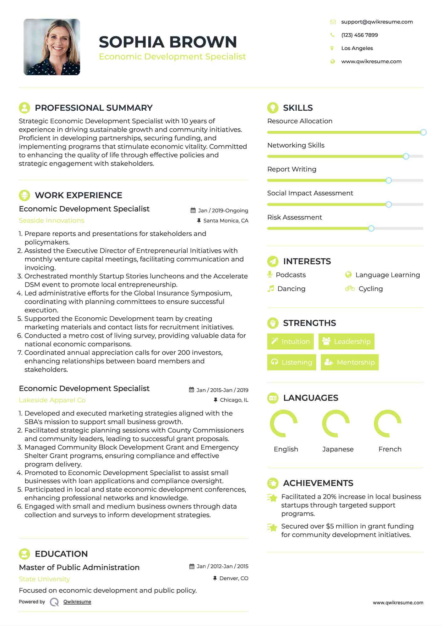 Economic Development Specialist Resume Example