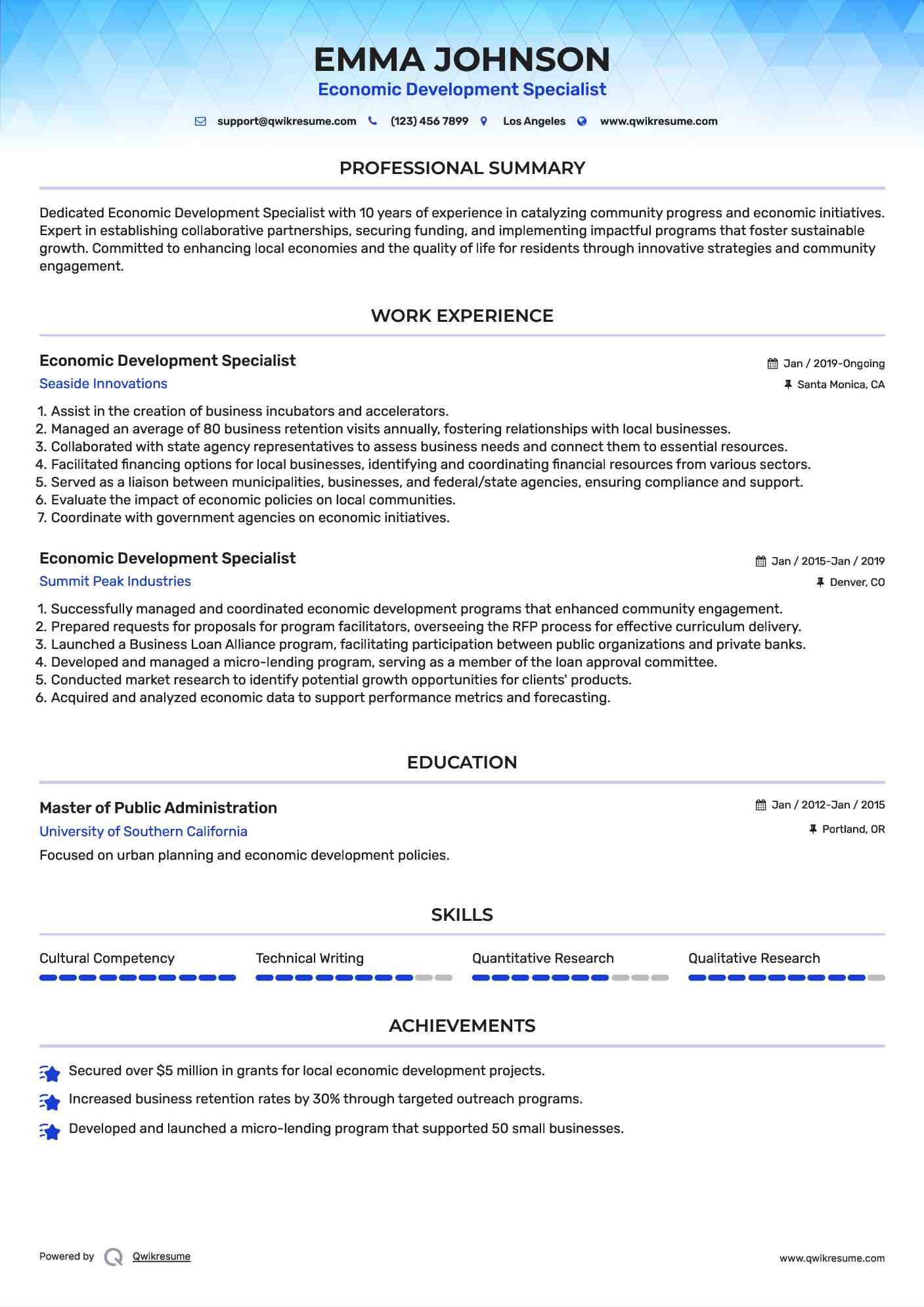Economic Development Specialist Resume Format
