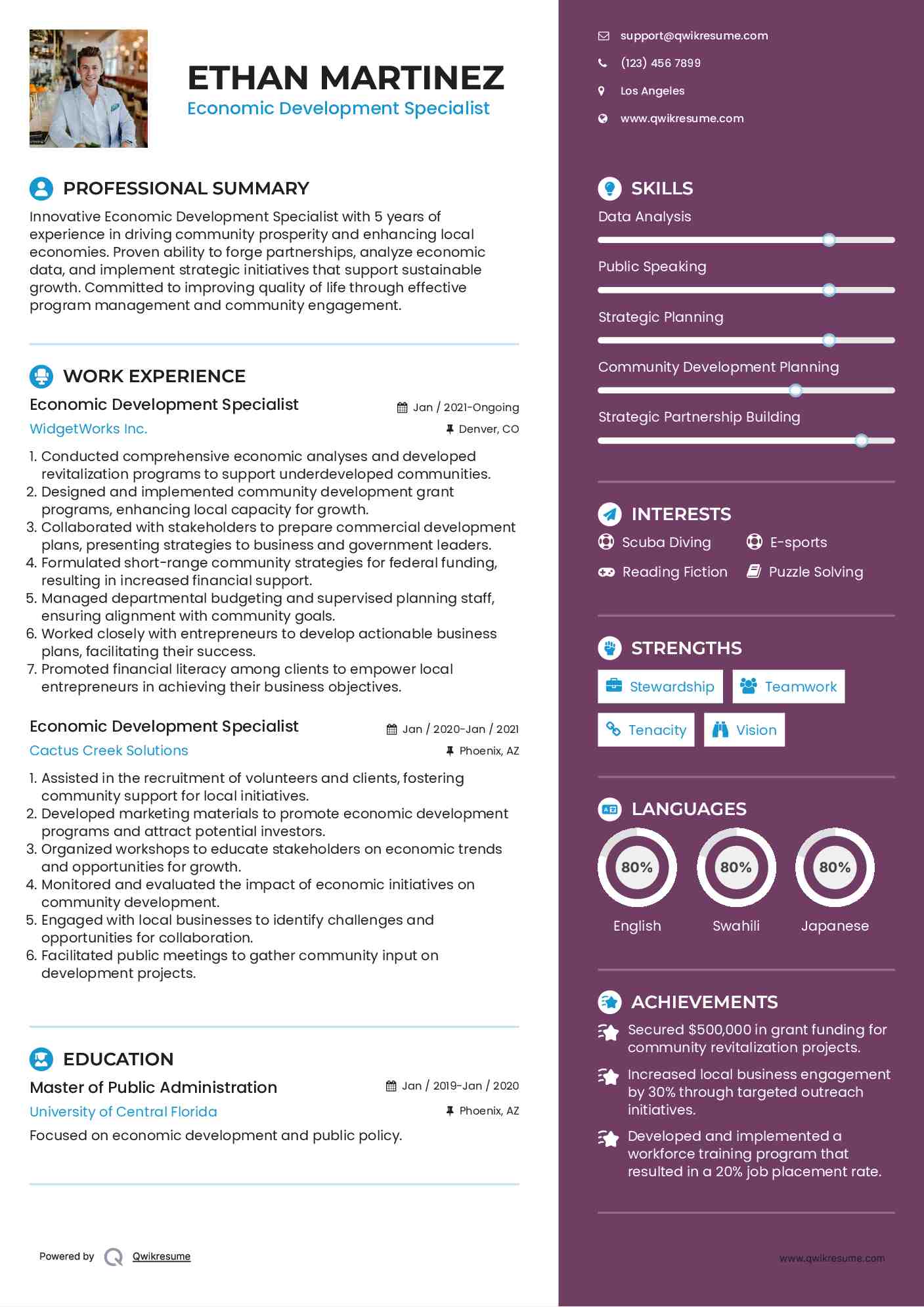 Economic Development Specialist Resume Example