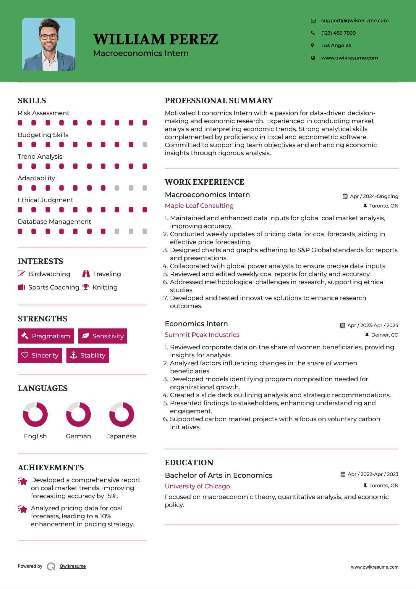 Macroeconomics Intern Resume Sample