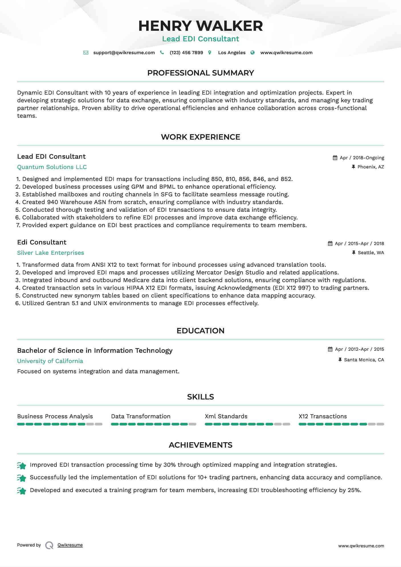Lead EDI Consultant
 Resume Example