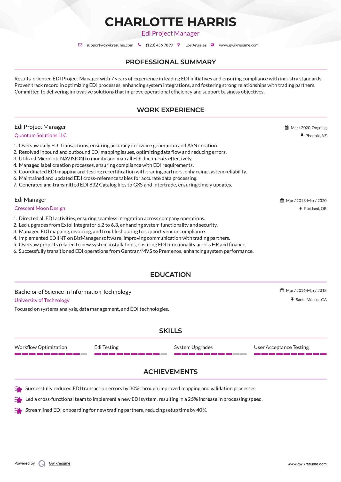 Edi Project Manager Resume Template