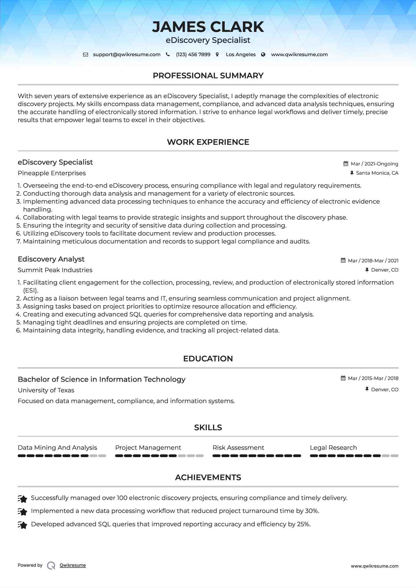 eDiscovery Specialist Resume Model