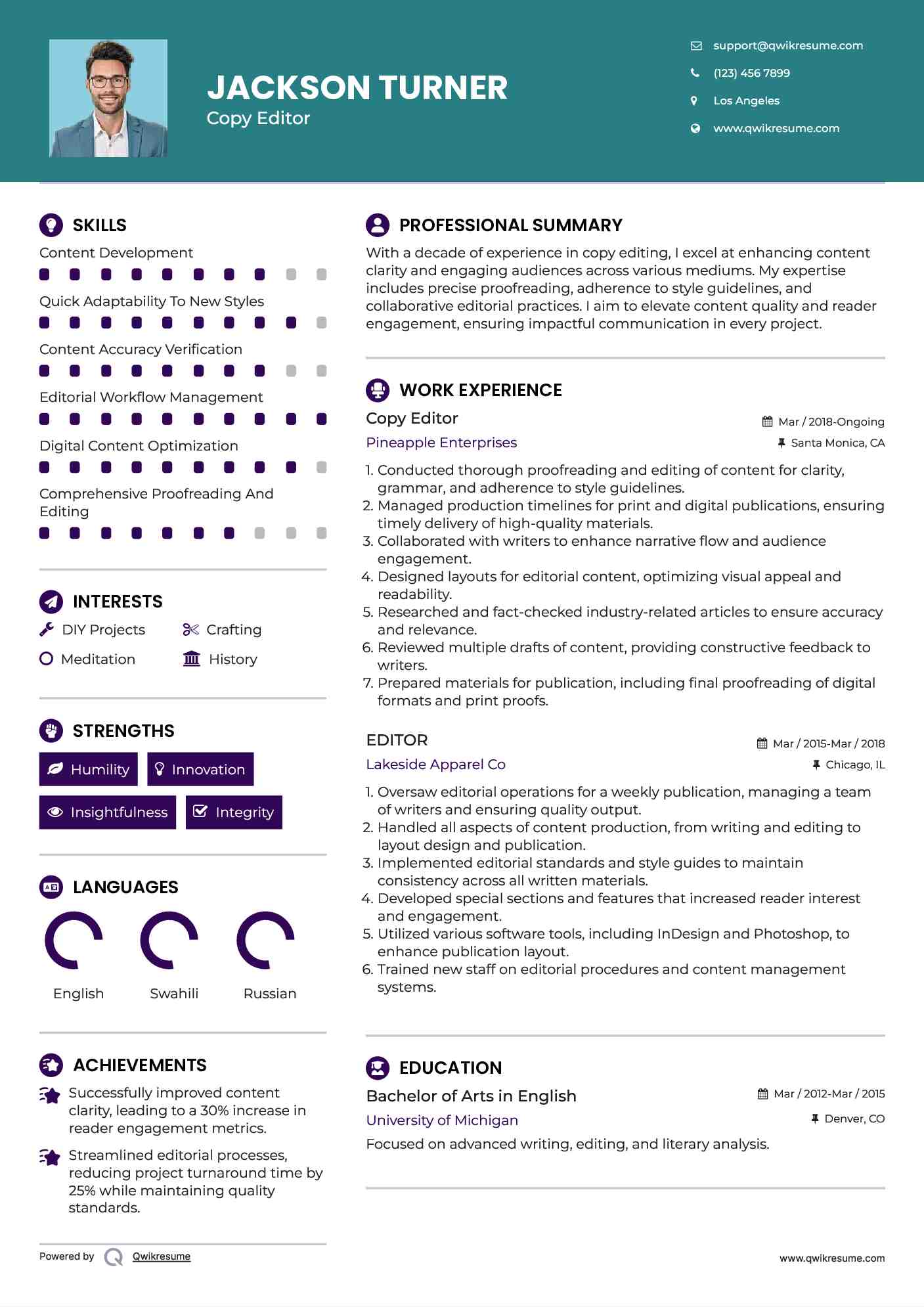 Copy Editor Resume Model